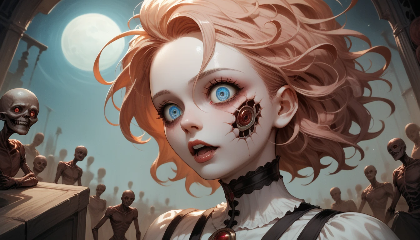 Highly detailed (Dan Mumford:1.2) portrait of a adorable zombie woman 13 years with round, expressive eyes and a scary smile, (fantastic amazing decoration:1.2), abstract beauty, explosive volumetric, Perfect anatomy, (best quality, 500px, 64k ultra hd:1.1). (A perfect finished work of official art:1.1). Digital painting (ART By Apterus, ART By Dan Mumford, Anime Style:1.1)