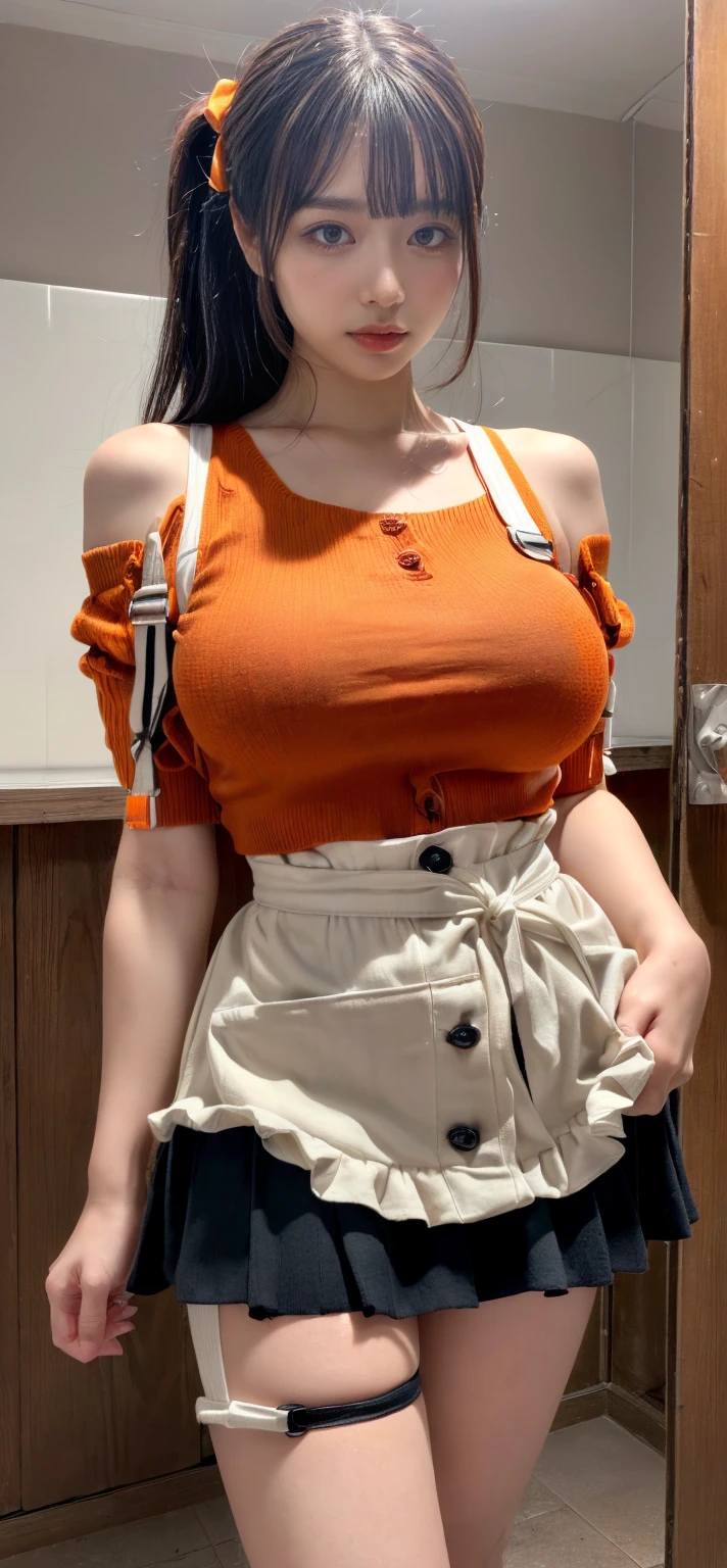 short hair, Red hair, green t-shirt, sad abode, tears, green dress, Lifts her dress to show her sexy panties, big breasts, garter belt in each stocking, White apron, yellow gloves, black panties, sexy black underwear, very sad, ruined makeup, muchas tears negras salen de sus ojos.
