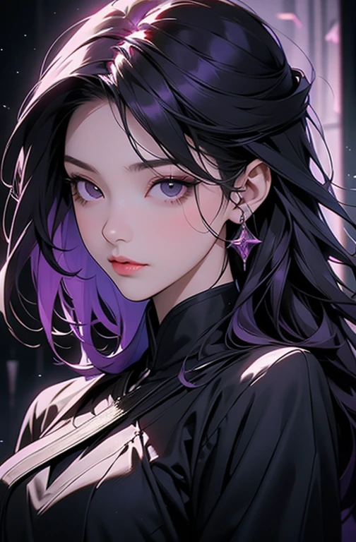 (Detailed lips), (Realistically:1.37), Black Hair, Purple Dress, 悲Shii顔, Looking into the camera, Upper Body, Simple Background, (Studio Lighting), (focus on), (High Dynamic Range), (Bokeh), (in contrast), (Kilo:1.2), (elegant), (Elegance), (like々Shii), (Deluxe), (Complex), (Perfect perfection), (masterpiece), (High resolution), (Highest quality, 4K, 8K), alone, 18 year old girl.