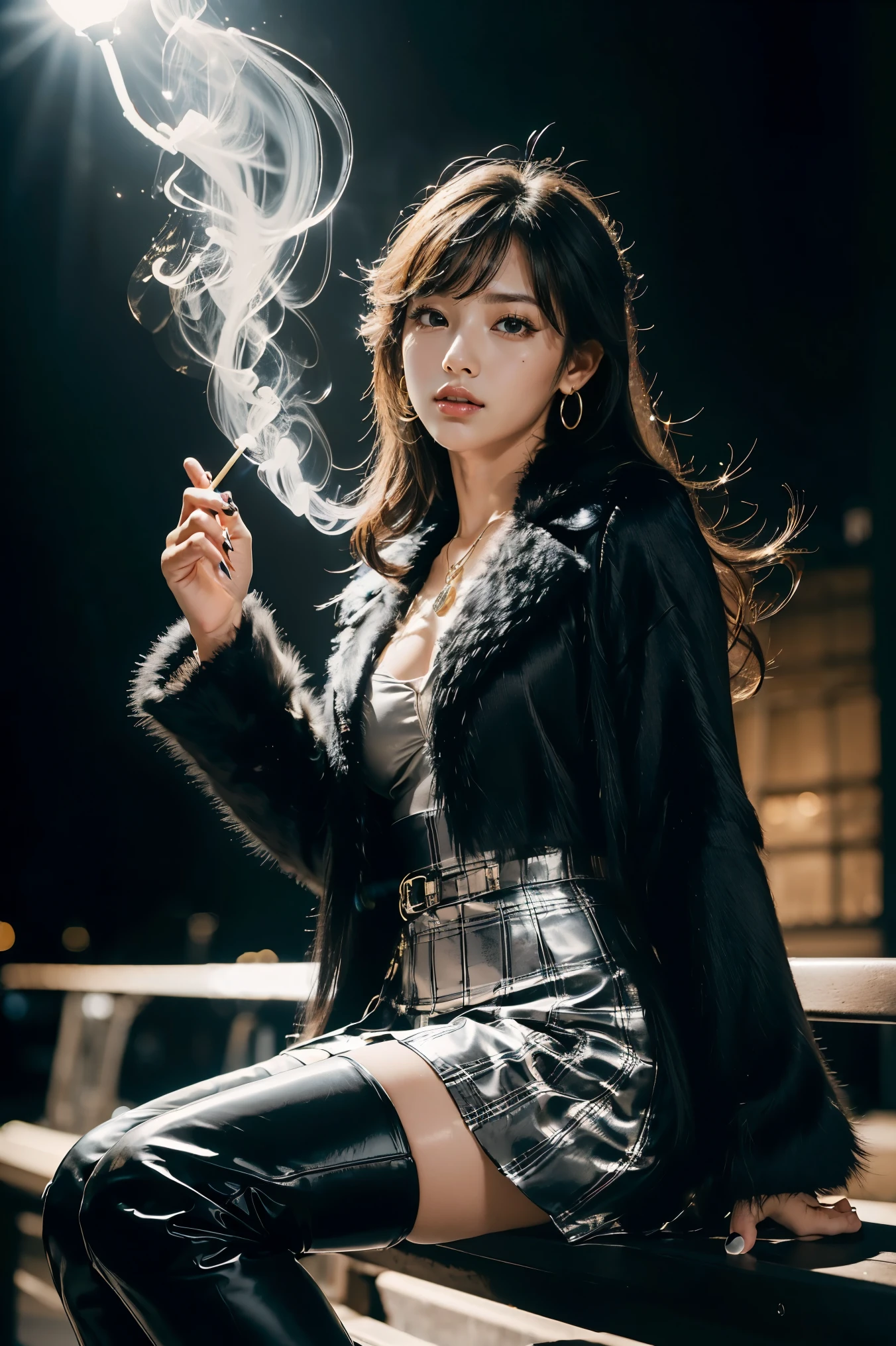 highest quality,greatest masterpiece,highest resolution,Photorealistic,(Late Night,Pitch Darkness:1.4,One street lamp with a faint light:1.4,She's sitting on a bench right under a street lamp and smoking:1.4,I have a lit cigarette in my hand:1.2,The street lights are backlit and my face and body are super dark:1.7),is anatomically correct,Perfect Proportions, perfect woman's body,highest qualityのリアルな質感の肌 highest qualityのテクスチャの髪 ナチュラルボブ ウェーブヘア 前髪パッツン 銀髪,full body lesbian,dark vibe,20 Year Old Japanese Female Fashion Supermodel,fur long coat mink white,V neck with cut and sew,pleated skirt,(thigh high platform boots),gorgeous earrings,necklaces, Bracelets ,(from below:1.6),An impressive composition with her silhouette, perfect composition,dynamic composition