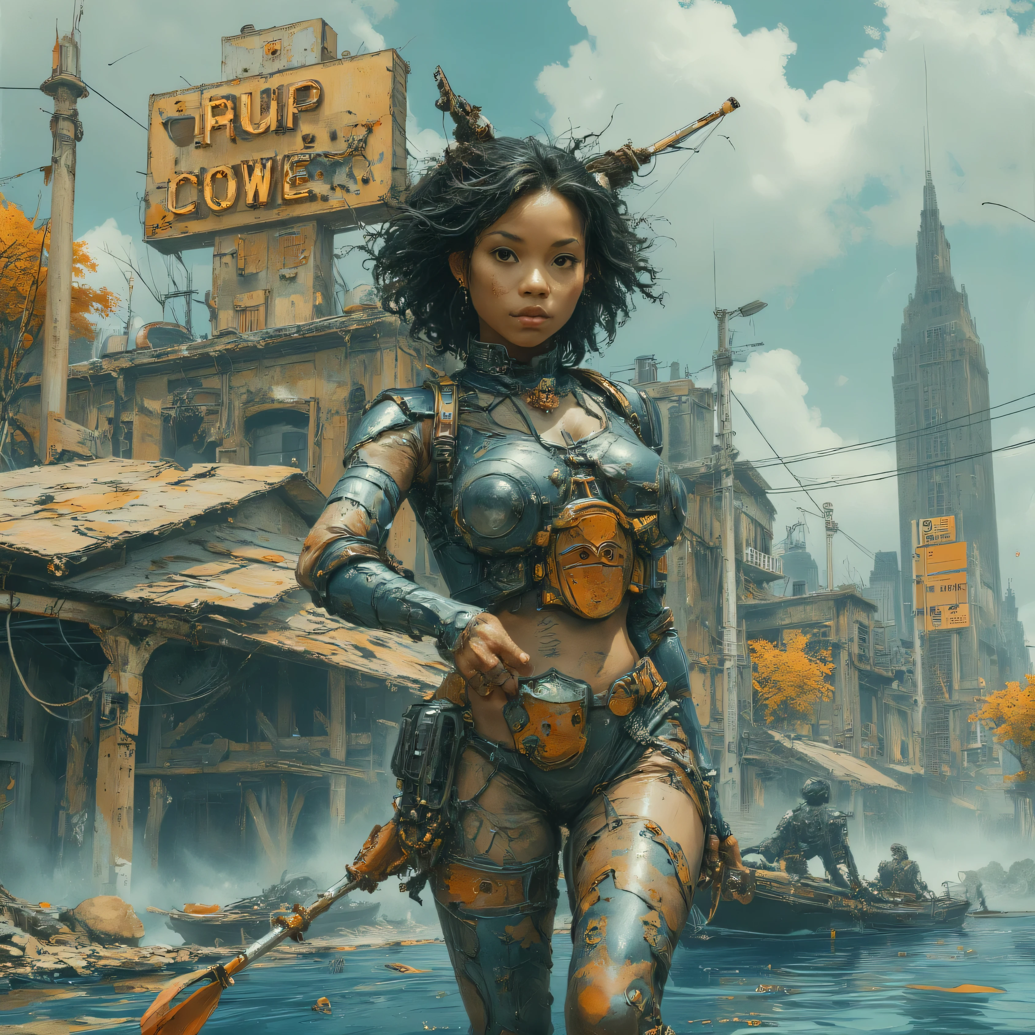 There's a sexzy indian 1woman with a street punk dusky skin, with muscled body,less dress,Royal look,helmet, arte conceitual steampunk, sexzy full body view top to bottom, standing in backview turning camera, random camera anhle,dark smoke fog background,arte street punk digital, arte street punk de alta qualidade, Wojtek FUS, arte digital street punk, detailed wild street punk illustration, Portrait of a gold and copper mechanical woman, arte street punk, estilo de arte dieselpunk, cyberpunk street punk, estilo de fantasia street punk, Arte digital altamente detalhada em 4k, sci-fi street punk