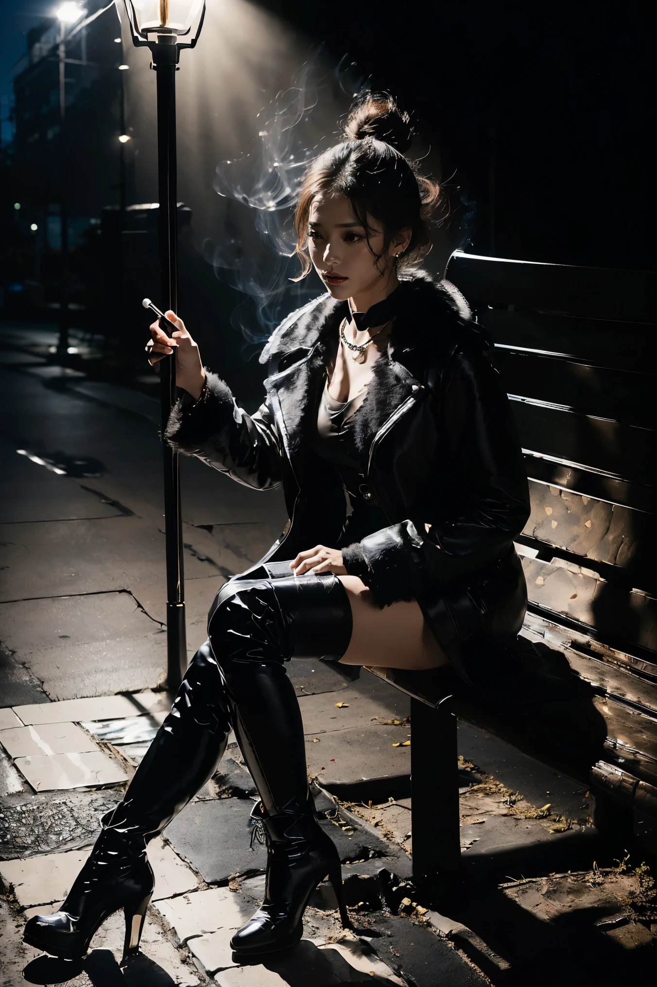 highest quality,greatest masterpiece,highest resolution,Photorealistic,(Late Night,Pitch Darkness:1.4,One street lamp with a faint light:1.4,She is sitting on a bench right under a street lamp and smoking:1.4,I have a lighted cigarette in my hand:1.6,The street lights are backlit and her face and body are super dark:1.7),is anatomically correct,Perfect Proportions, perfect woman's body,highest qualityのリアルな質感の肌 highest qualityのテクスチャの髪 ナチュラルボブ ウェーブヘア 前髪パッツン 銀髪,full body lesbian,dark vibe,20 Year Old Japanese Female Fashion Supermodel,fur long coat mink white,V neck with cut and sew,pleated skirt,(thigh high platform boots),gorgeous earrings,necklaces, Bracelets ,(from below:1.6),(An impressive composition with her silhouette and shadows:1.6), perfect composition,dynamic composition