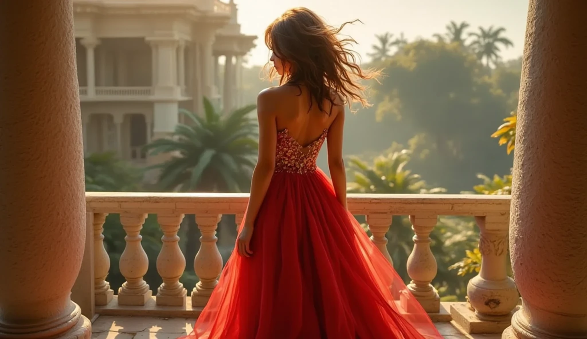 A full-body shot of a beautiful American woman over 40 in a Vintage Glam style, big standing on the balcony of a classic mansion. Detailed depiction of her slender legs wearing shiny black high heels, dressed in a red evening gown with intricate lace details; brown curly hair and accessories including a metallic necklace and delicate earrings. Captured in 4K resolution with professional lighting for a dazzling effect.