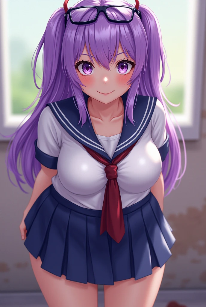 Masterpiece、、Clearly defines facial contours,Clearly defines the eye contour,Depict the whole body,Purple Hair、Oily skin、Twin tails、Fine skin、sneakers、Ample breasts、Looking up、blush、Sticking out tongue、Realistic high school girl、Plump Ass、smile、Sailor suit、skirt、stockings