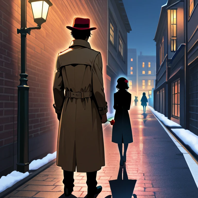 (Silhouette art) A man standing under a streetlight at midnight, wearing a hat and a trench coat, holding a single red rose bud, in an empty street, with brick buildings, and falling powdery snow, a shining red rose.(side view)