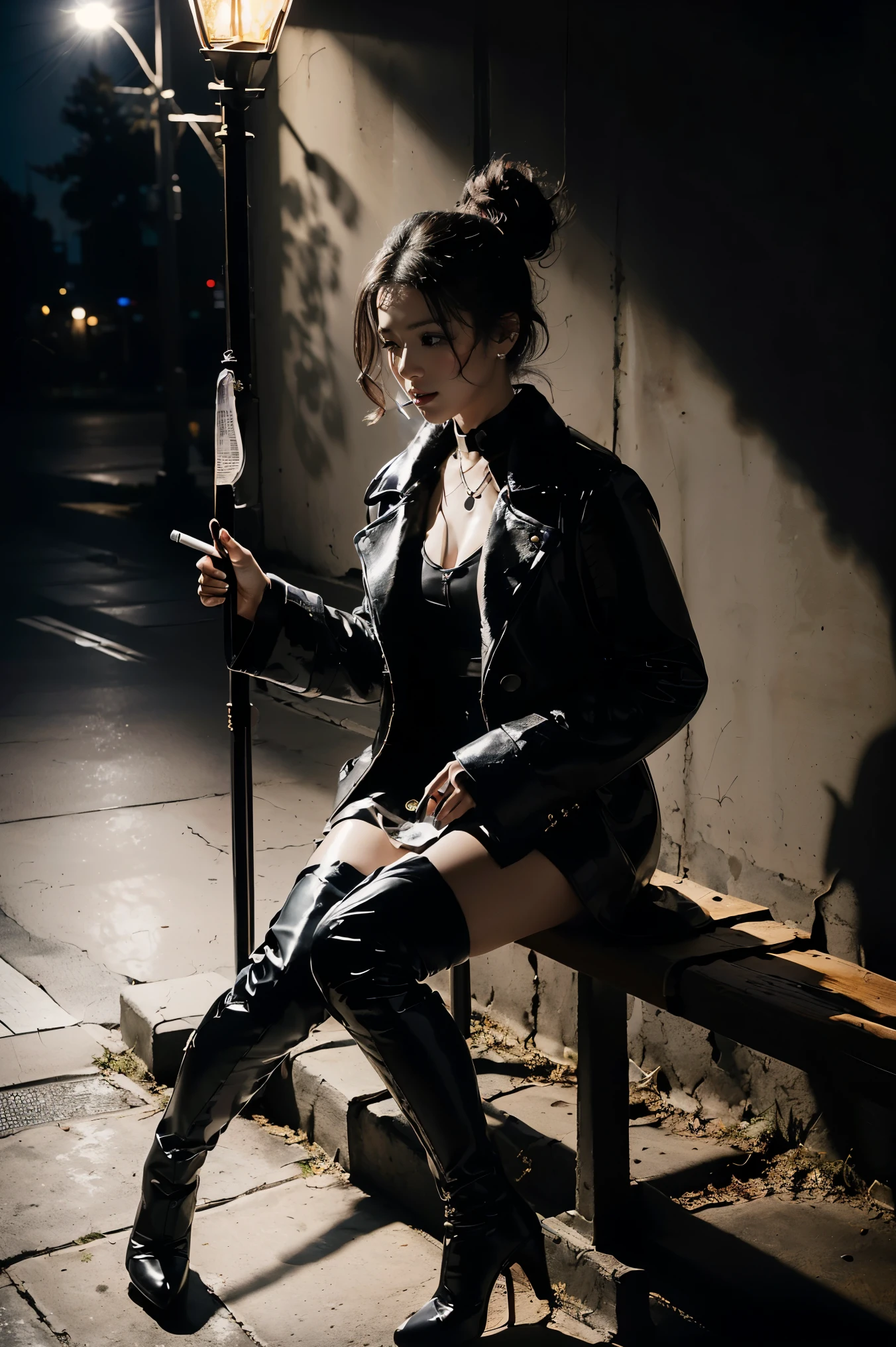 highest quality,greatest masterpiece,highest resolution,Photorealistic,(Late Night,Pitch Darkness:1.4,One street lamp with a faint light:1.4,She is sitting on a bench right under a street lamp smoking:1.4,holding a cigarette in hand:1.7,The street lights are backlit and my face and body are super dark:1.7),is anatomically correct,Perfect Proportions, perfect woman's body,highest qualityのリアルな質感の肌 highest qualityのテクスチャの髪 ナチュラルボブ ウェーブヘア 前髪パッツン 銀髪,full body lesbian,dark vibe,20 Year Old Japanese Female Fashion Supermodel,fur long coat mink white,V neck with cut and sew,pleated skirt,(thigh high platform boots),gorgeous earrings,necklaces, Bracelets ,(from below:1.6),(An impressive composition with her silhouette and shadows:1.6), perfect composition,dynamic composition