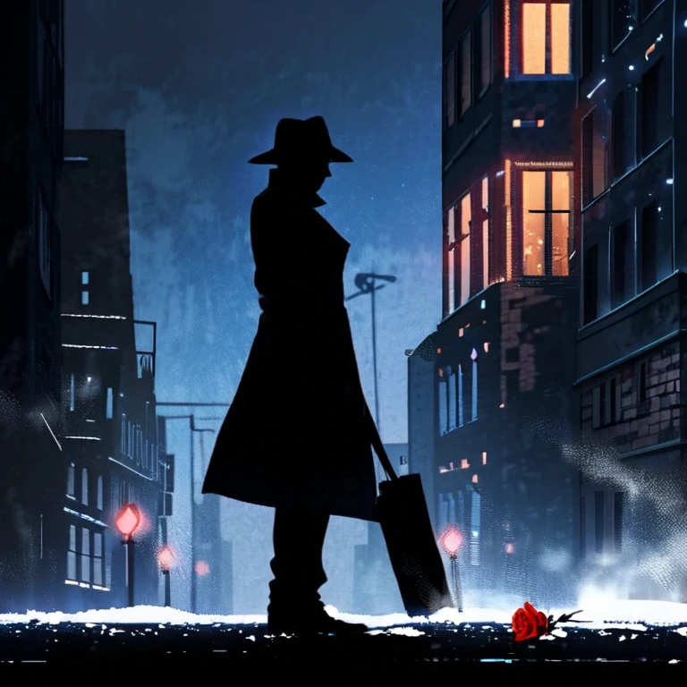 (Silhouette art), midnight, a dark cityscape, a man standing under a lit streetlight, wearing a hat and a trench coat, holding only one red rose bud, an empty street, brick buildings, falling powdery snow, a shining red rose, (side view)