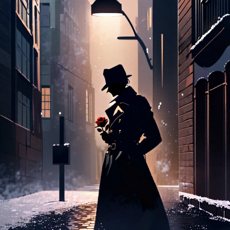 (Silhouette art), midnight, a dark cityscape, a man standing under a lit streetlight, wearing a hat and a trench coat, holding only one red rose bud, an empty street, brick buildings, falling powdery snow, a shining red rose, (side view)