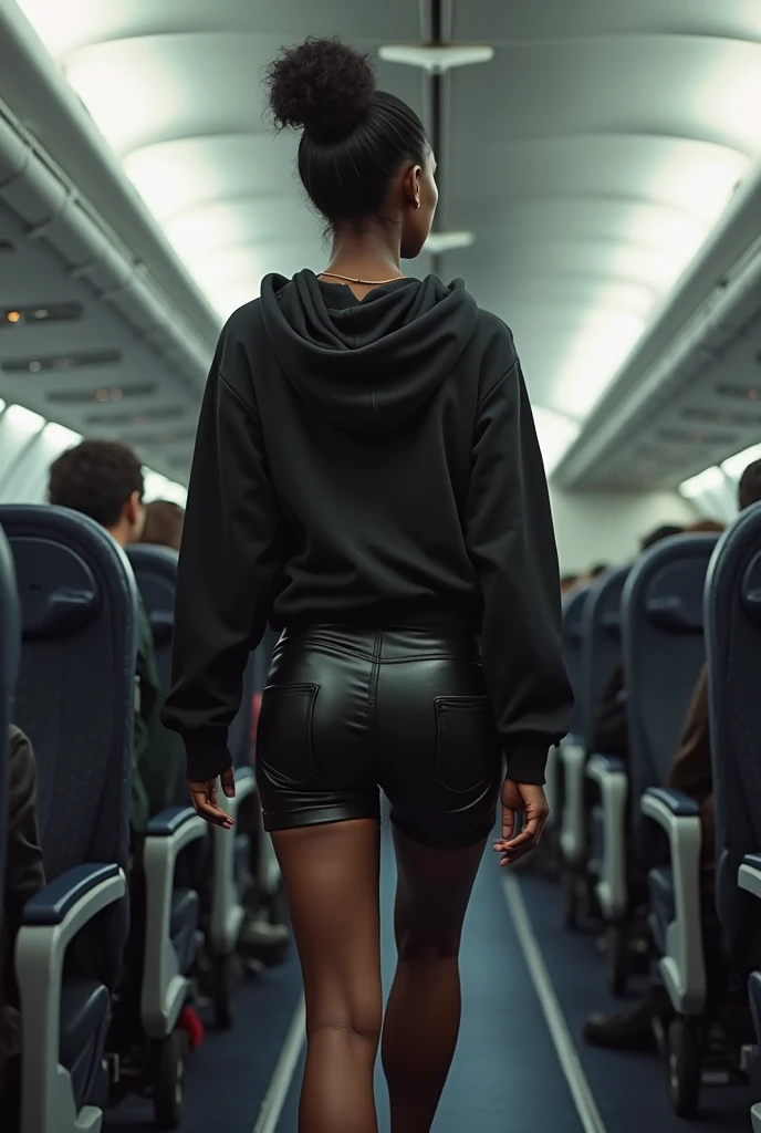 black woman, black leather short shorts, white shirt, hair in a bun, on a plane bending over going through her pocket book ultra realistic backside view