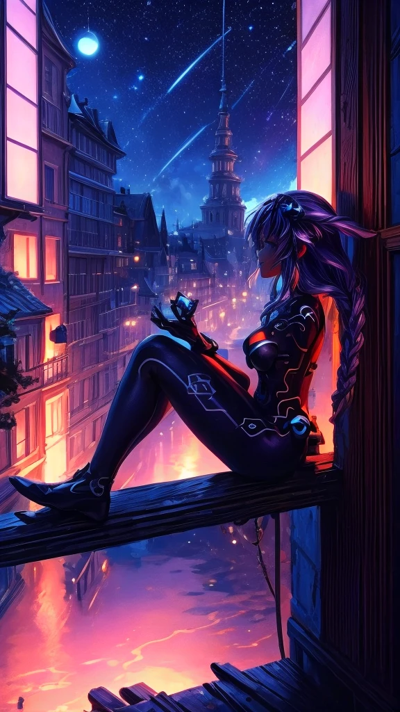 A giant woman walking around town, monster woman, giant vampire woman, bustling city, helicopter flying, city at night, small town, giant woman, woman bigger than buildings, ultra realistic, super detailed scenery, skin details, super detailed heroine outfit, comic book villain outfit, tiny city, super detailed, 8k scenery
