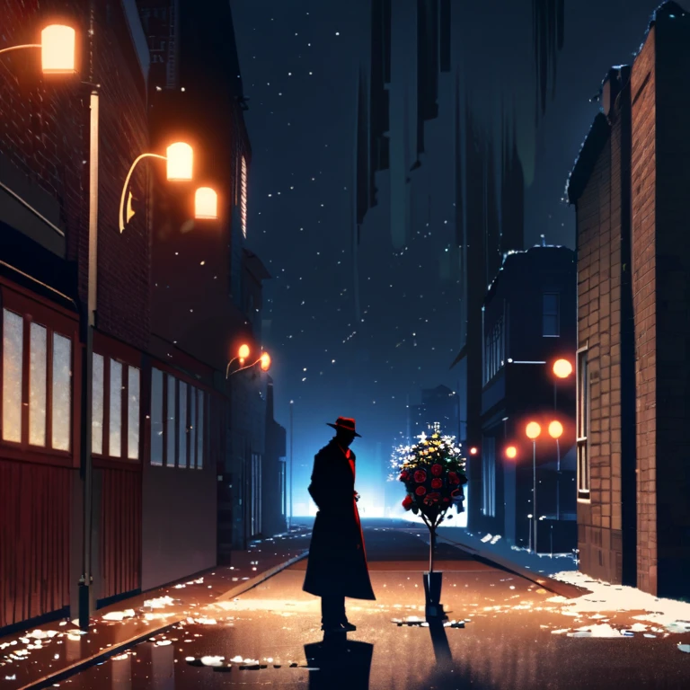 (Silhouette art), midnight, a dark cityscape, a man standing under a lit streetlight, wearing a hat and a trench coat, holding only one red rose bud, an empty street, brick buildings, falling powdery snow, a shining red rose, (side view)