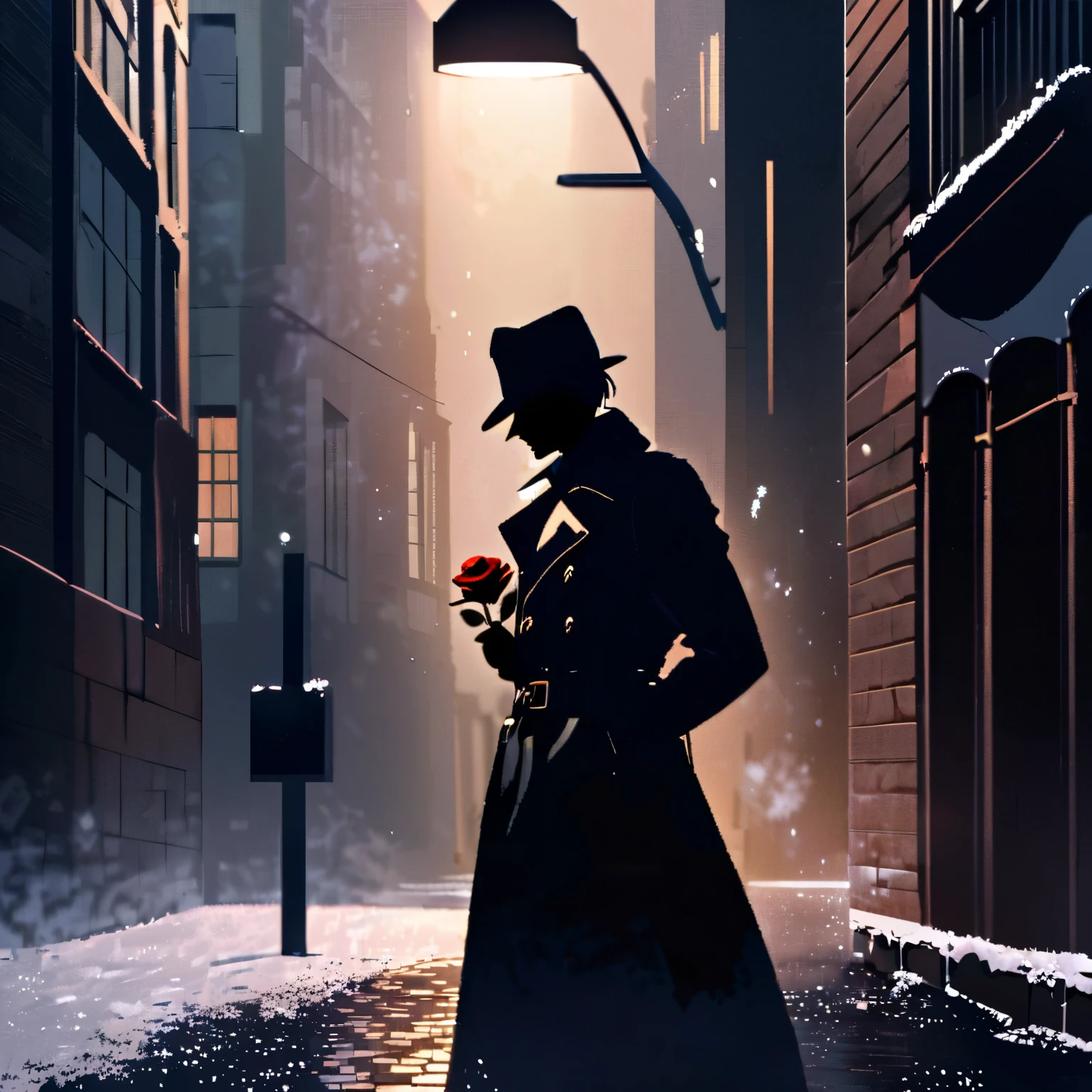 (Silhouette art), midnight, a dark cityscape, a man standing under a lit streetlight, wearing a hat and a trench coat, holding only one red rose bud, an empty street, brick buildings, falling powdery snow, a shining red rose, (side view)