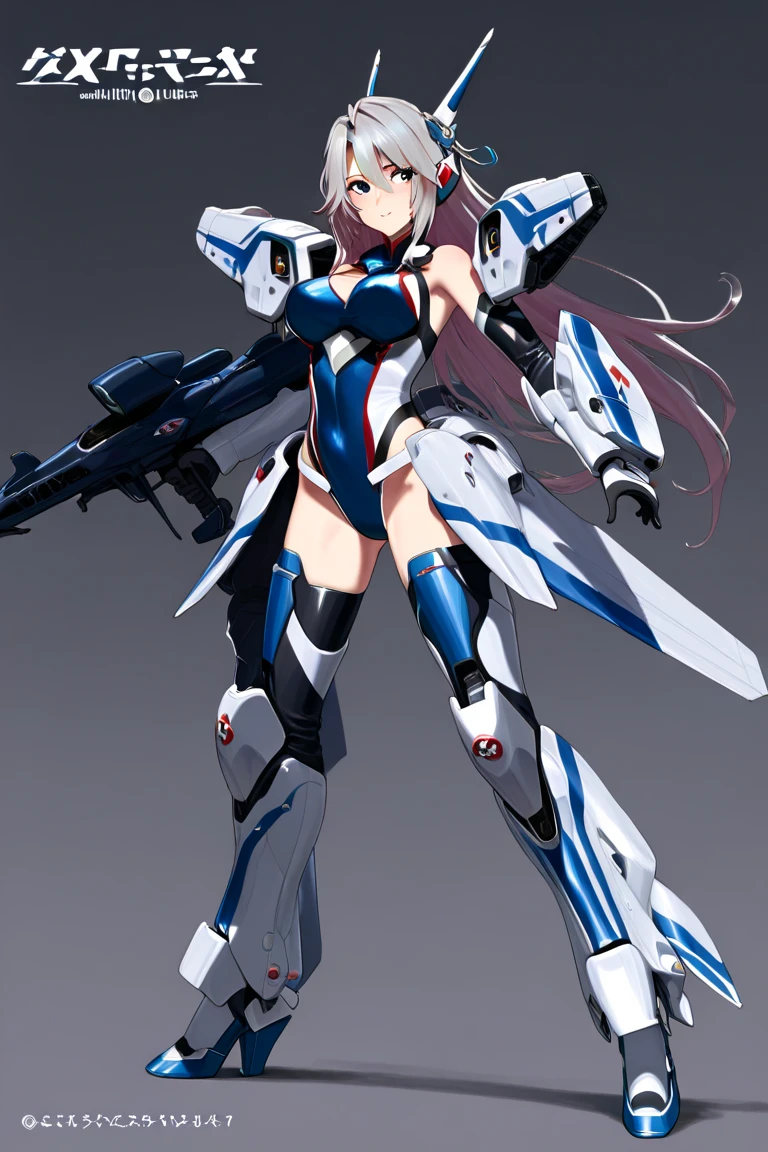 White long hair mecha girl,White armor,Cybernetic wing Mechanical wing,briefs,Thin legs,high heels,machine gun,frontal pose,Cyberpunk city