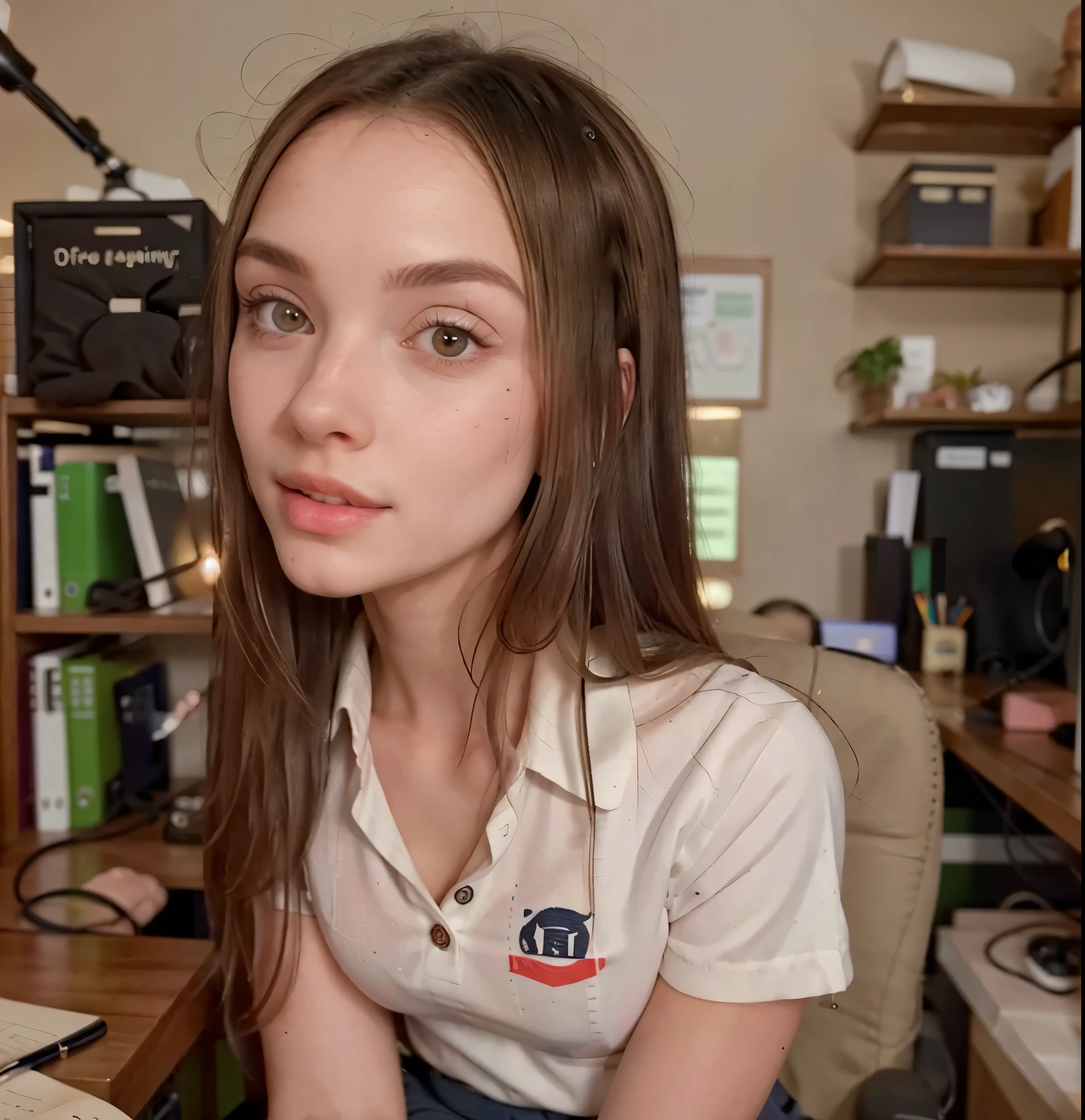 Beautiful woman, RAW photo, ((office work: 1.4)),)), (Highly detailed skin: 1.5), Detailed eyes: 1.0, High quality lighting: 1.5, Beautiful, uniform, polo shirt, black skirt, , Model legs: 1.5, (High class: 1.8), (Realistic: 1.4), (High quality real skin texture: 1.4), (Enhanced texture) beautiful skin: 1.1) Well detailed eyes, Good quality eyes, Standing, 26 years old, Perfect body beauty: 1.4, Body of desire: 1.2, Body that awakens passions, Your complexion must be impeccable, Show your physical attributes, Real: 1.8,, , (best quality)), ((masterpiece)), (detailed), perfect face, very light long hair, (textures!, hair!, shine, color!, specular lighting, dslr, ultra quality, sharp focus, very sharp, crystal clear and perfect complexion and facial features, real look