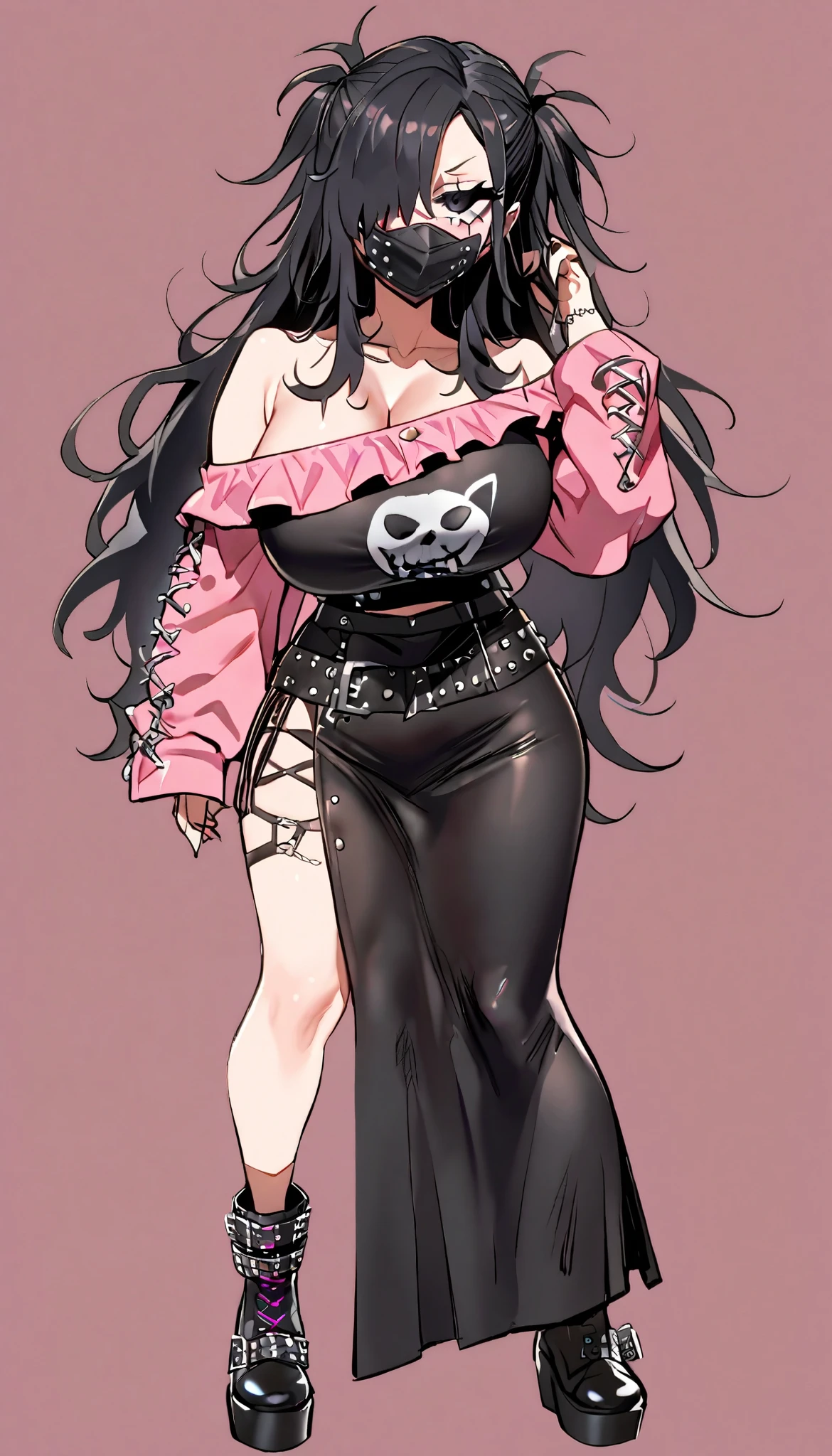 (Simple background), single, standing, fullbody, 1girl, (mature woman), large breast, pink clothes, off-shoulder, punk, black face mask, hair over one eye, black eyes, (eye bags), disheveled, long hair, black hair, messy hair