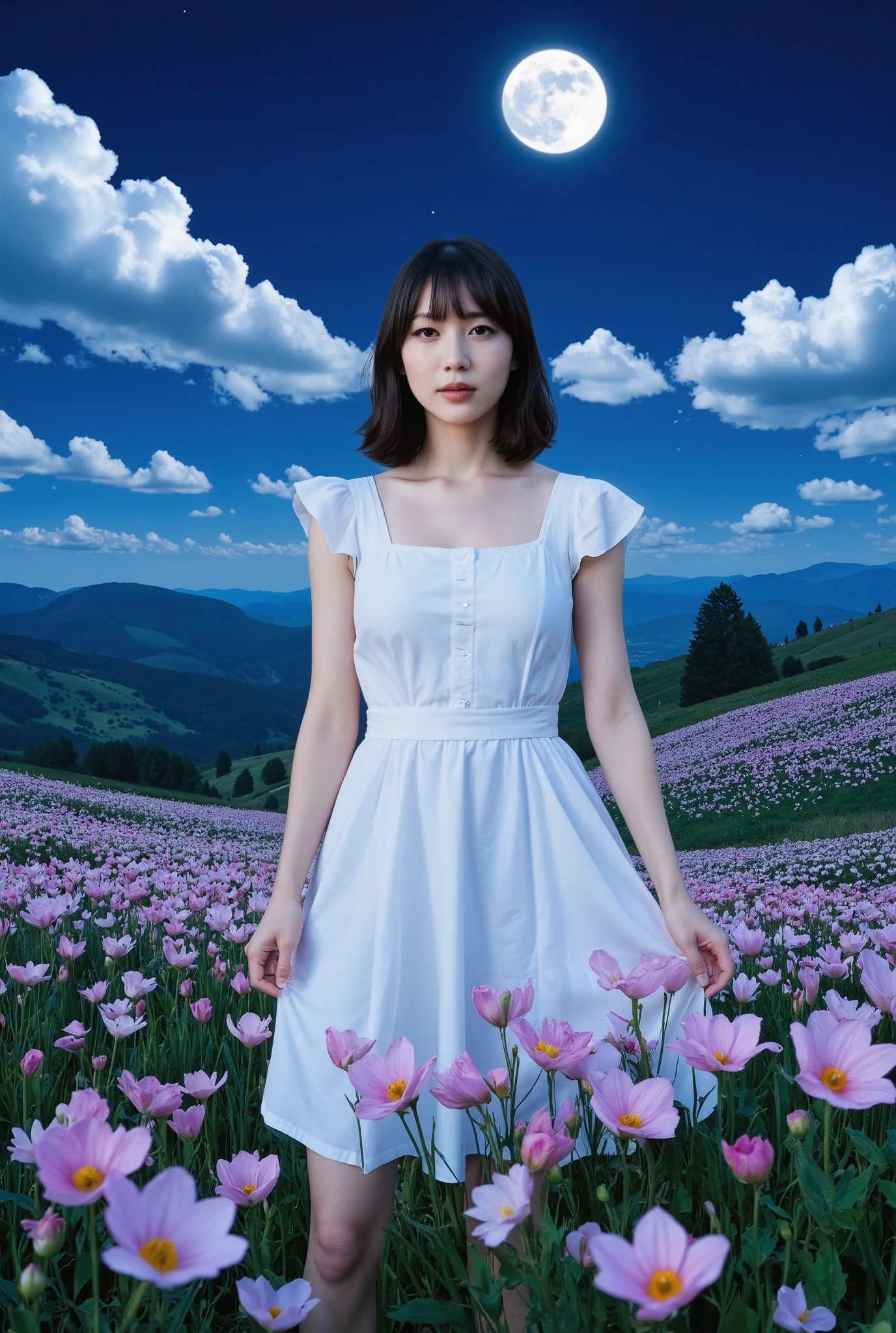Create an image of a stunning 20-year-old Japanese girl with fair skin stands gracefully in a moonlit flower field. She has medium-length straight hair with parted bangs, and she wears a white summer dress. The background features a stunning patchwork of flowers sprawling across the hills, illuminated by the enchanting glow of a large moon, creating a magical atmosphere.