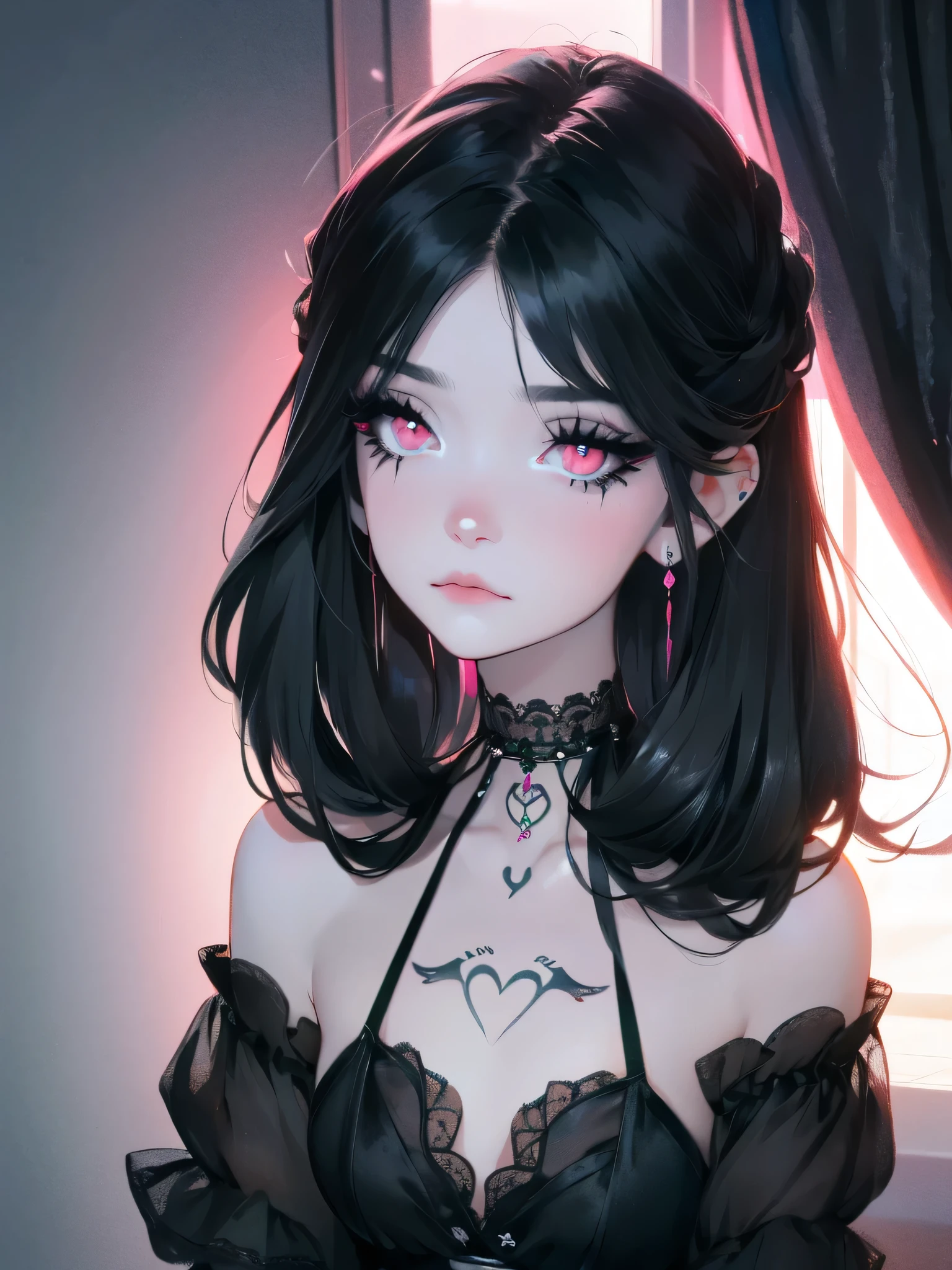 emo_hairstyle,, black tie, ((long hair)), ((straight hair)), (((black hair))), white skin, pale, white, (pink eyes), tired expression, choker, ((dark makeup, mascara, eyeshadow, tattoos)), multiple piercings, best quality, 8k,, erotic, slytherin, (fishnet outfit, lace)