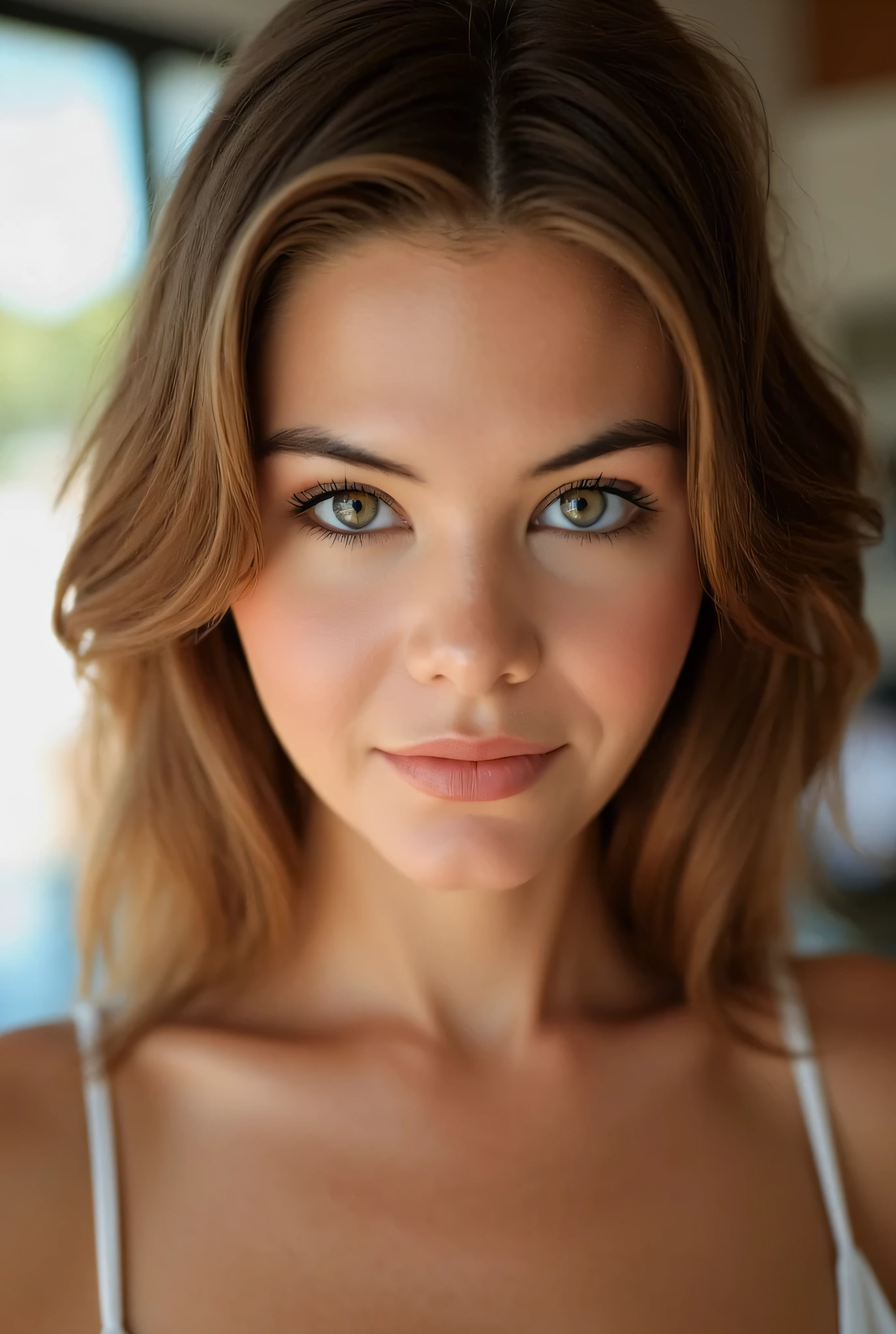 A portrait photo of Ashley Tervort, looking directly at the viewer. Front facing. She is smiling. Perfect face, cold blue eyes. masterpiece, high quality, highres, close up, head shot POV, sun light. brightly lit studio photo.