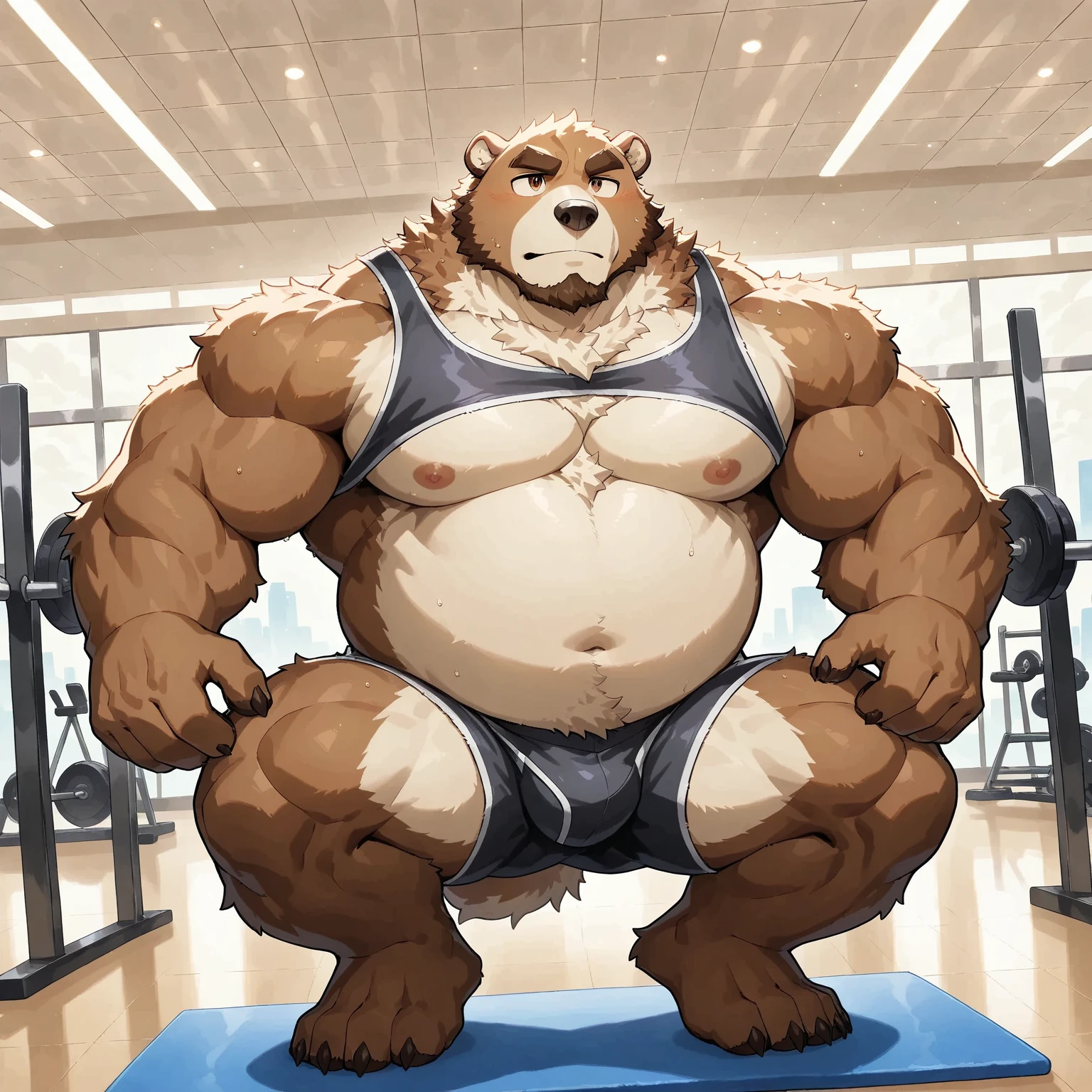 giant human bear, musculous, In the sauna, Wear black,(large bulge:1.3), The arms and legs are very muscular, With a determined expression on his face, Fur soaked with sweat, Sweat drips on the floor, It's hot, , The veins in the muscles and abdomen are clearly visible