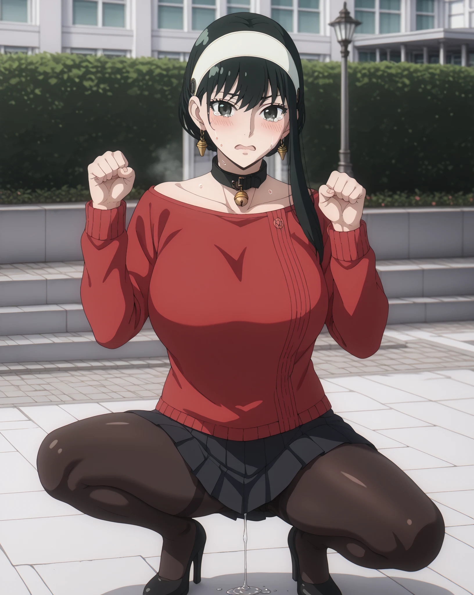 A park with a quiet lawn、viewers、frontal angle、Full Body Shot,score_9, score_8_up, score_7_up, source_ anime、top quality、8k、 masterpiece、Ultra High Precision、 natural light、perfect anatomy、 one woman、Big Breasts、 firm chest 、 white headband、A black collar with a bell、 beautiful black hair 、 black hair、 opening slightly、cute face、 Clear Eyes ,A little teary、Embarrassing Face、After the change、Beige clothes、black pleated miniskirt,black pantyhose、Sweat dripping from crotch、is crouching and posing with M-shaped legs,Clenched Fist、Cat pose with arms raised to the side of the face、