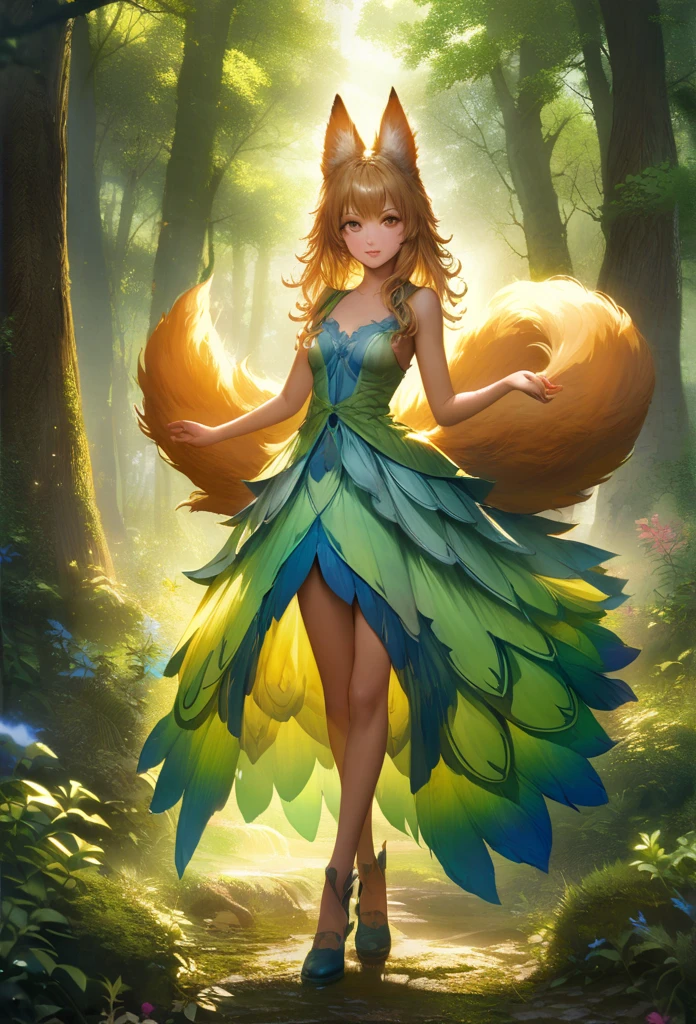 beautiful, (masterpiece), high quality, perfect lighting, Highly detailed CG Unity 8k wallpaper, High resolution, perfect lighting, youthful, adolescent, tall, slim, skinny, frail slender figure, slim legs, distinctly feminine figure, narrow hips, long legs, medium plump breasts, close-up shot, detailed face, A beautiful fox-girl, with long, luxurious blonde fur that shines in the sunlight. Her hair is wavy and voluminous, with streaks of caramel brown running through it. Her eyes are a striking emerald green, and her expression is one of quiet confidence. She wears a flowing sexy gown made of soft, patterned translucent fabric that showcases her elegant hips. and around her neck is a delicate gold necklace with a single sparkling gemstone.
She stands thighs wide apart, hips bent heroic pose in front of a lush, green forest, the leaves rustling in the breeze.