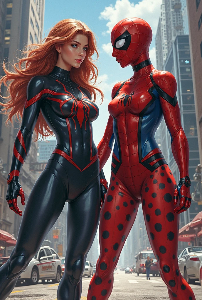 best qualtiy,Full body photo,2 female versions of Spider-Man sleeping,White slim tights,perfect bodies,The Spider-Man logo on the chest,cabellos largos dorados,Cobweb-wrapped,adolable,Detailed spider silhouette body with Spider-Man roleplay,very Bigger breasts,Sleep in bed,Seductive pose,dynamicposes,Dynamic shots,There are a lot of wires plugged in the body to charge,Lots of wires and tubes,thickline,The bed was covered with cobwebs,Spider silk is wrapped around the body,Egyptian Mummy,Huge shoes,There is a robot toy next to it,Mecha elements,High-tech equipment weapons,Spider mech toy,