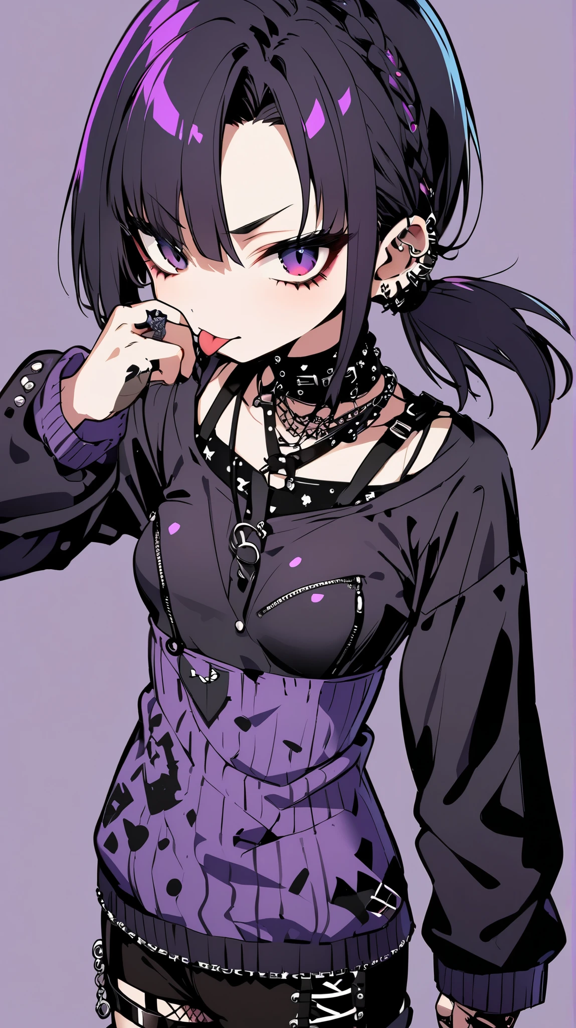 (Simple background), single, standing, 1girl, Girl sticking her tongue out, goth punk girl, claw hand, low twintails, small breast, purple sweater