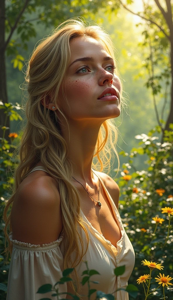A young and elegant european cute girl is posing naked in the forest. The sunlight filtering through the trees illuminates her body, making her look like a goddess. (The lush flowers between her and the viewer block the viewer's view and completely hide her nipples and pussy. :1,5) The scene is surrounded by gentle light, creating a calm and peaceful atmosphere. Ultra realistic, detailed skin texture, detailed beautiful face