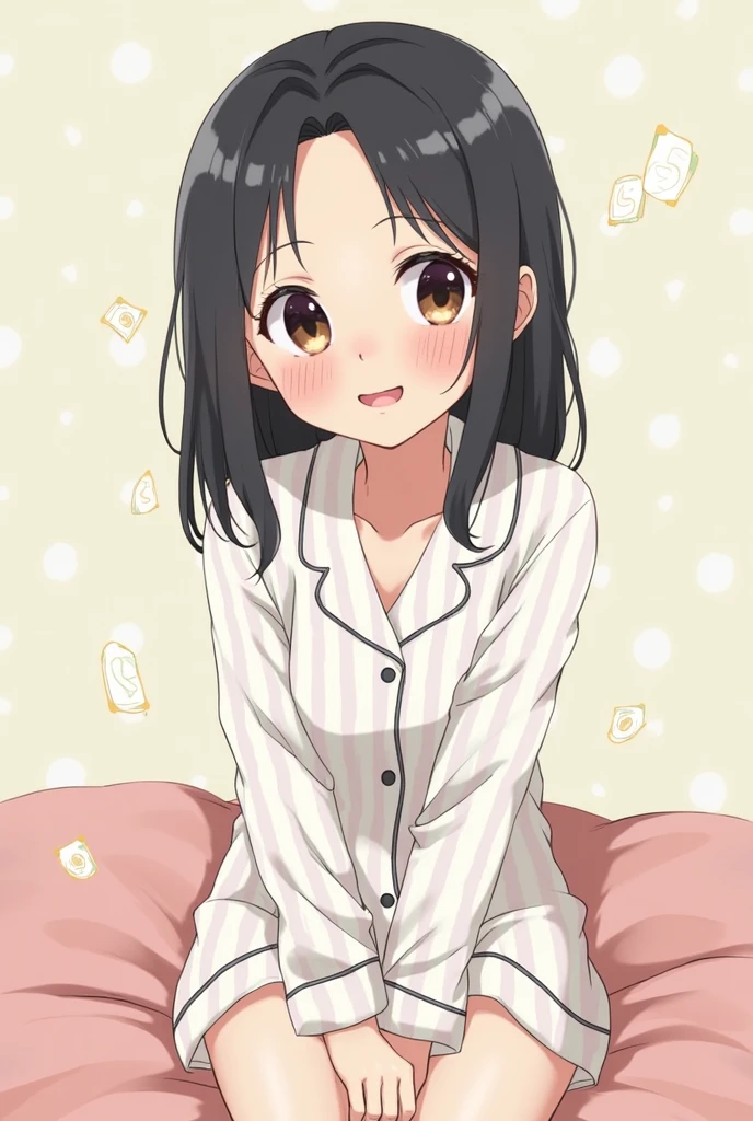beautiful girl、Black knit、On the bed、Eye highlightasterpiece、high resolution、smile、Black Hair
