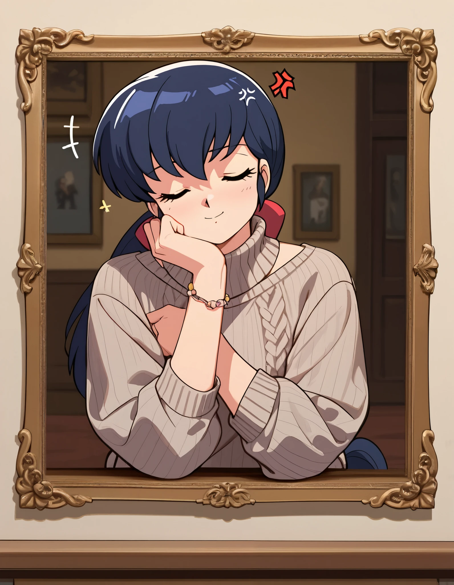 score_9, score_8_ up、 score_7_ up、 score_6_ up、 score_5_ up、 score_4_ up、Kyoko, great painting , best quality , Good quality , style bracelet for one girl,Alone,pony tail,poetry_tape, home clothes,smile,compassionate_smile, closed eyes , Anger _ Vein ,virgin killer sweater