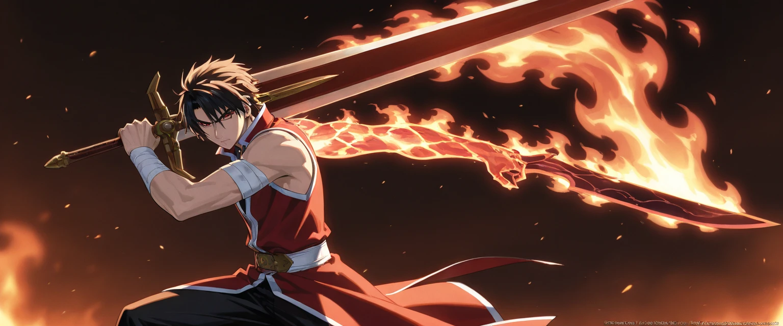 a young 15 year old shinobi with jet black hair that falls into his eyes, giving him a mysterious look. He has dark, piercing eyes that reflect his determination and cunning. He is of average height, but his build is athletic and agile, making him a skilled fighter. Takeshi is brave, loyal and determined. Takeshi wears a shinobi outfit that incorporates elements of an oni into his design, including a wooden oni mask with sharp horns and a fierce expression. He wears a deep red kimono with black details, a koshi-obi, and a pleated hakama that flows as he moves. He completes his outfit with black tabi and wooden-soled zori. ((fullbody)), Ninja costume
