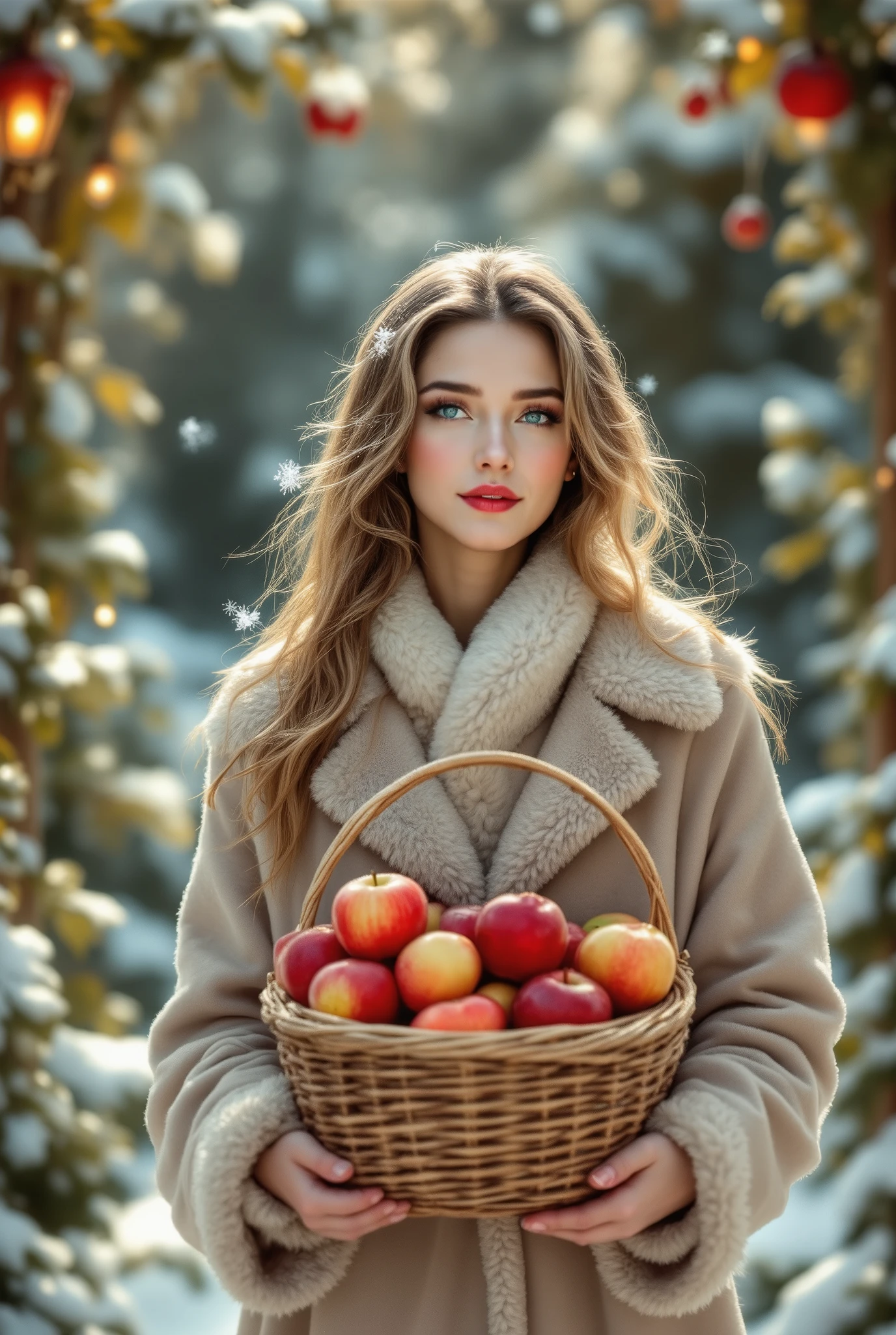Lovely Sexy girl in a winter garden with a Basket of Apples, in Light Attire, Sunlight sparkles to snowflakes, Charming ,  Beautiful, Dressed in a fur coat, Beautiful long hair, Harmonious color transmission, High quality Photography,  Masterpiece , best quality, maximum Details, 8 k, maximum quality, perfect, Wonderful, high resolution, digital photo, 