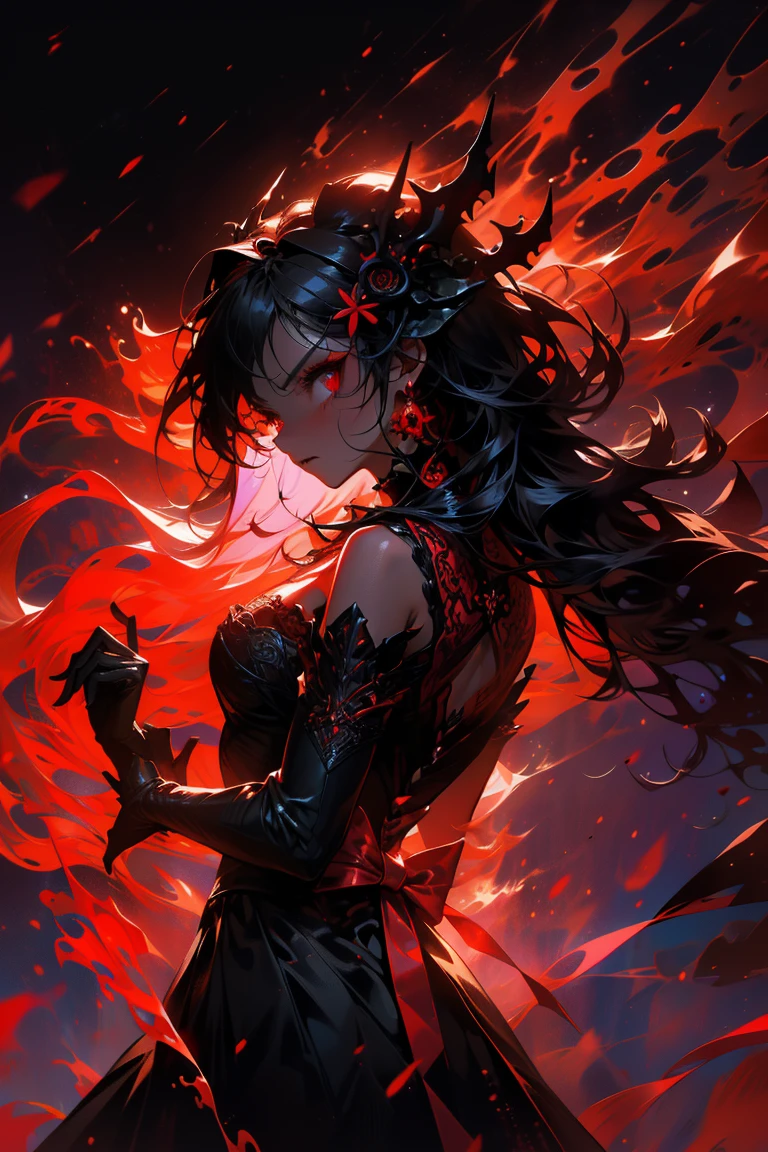 (masterpiece:1.2, best quality), (finely detailed beautiful eyes: 1.2), (detailed background,dark fantasy), (beautiful detailed face), high contrast, (best illumination, an extremely delicate and beautiful), ((cinematic light)), colorful, hyper detail, dramatic light, intricate details, (1girl, solo,black hair, sharp face,low twintails,red eyes, hair between eyes,dynamic angle), (blood splatter:1.4), swirling black light around the character, depth of field,black light particles,(broken glass),magic circle,