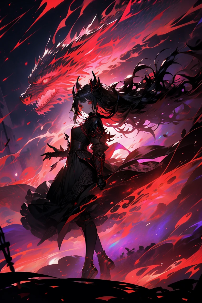 (((masterpiece, highest quality, 8k)))A stunning artwork of a fierce demonic elf standing in a cursed forest. The full-body view showcases her in dark armor, exuding an aura of malevolent grace and unyielding power. Her long, flowing dark gray hair frames a face of eerie beauty, highlighted by red eyes that glow with otherworldly menace. She holds a cursed sword, intricately designed and radiating dark energy, adding to her formidable presence. The scenery around her is a twisted, shadowy forest with gnarled trees and glowing red eyes peering from the darkness. Mist and sinister shadows enhance the ominous atmosphere, creating a scene of haunting dread.