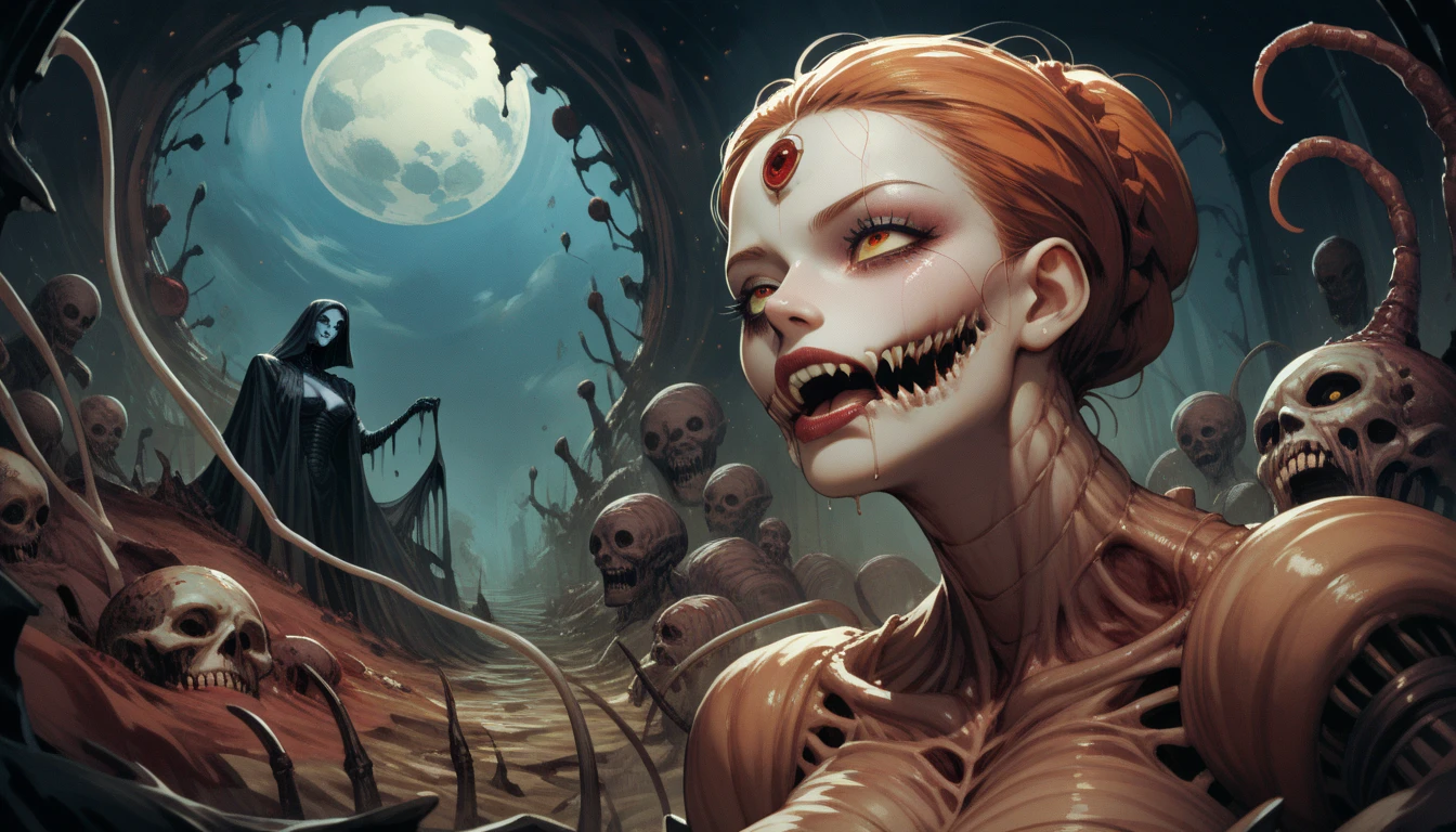 woman pirate, bluish skin, holding a skull head in hands, sexy sensual
