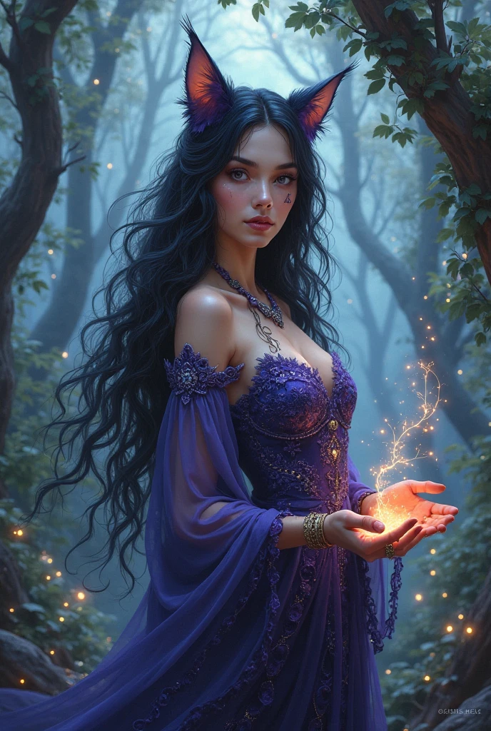 A seductive sorceress with long, flowing raven hair, standing in an enchanted forest under a sky filled with twinkling stars. She wears a deep purple, form-fitting gown that glimmers with subtle magic. Her eyes glow with a soft, mystical light as she gently holds a glowing crystal orb, casting a soothing spell that sends waves of calming energy through the forest, causing the trees and flowers to softly illuminate. Aim for realistic depiction, make sure photos are at highest resolution (8K)