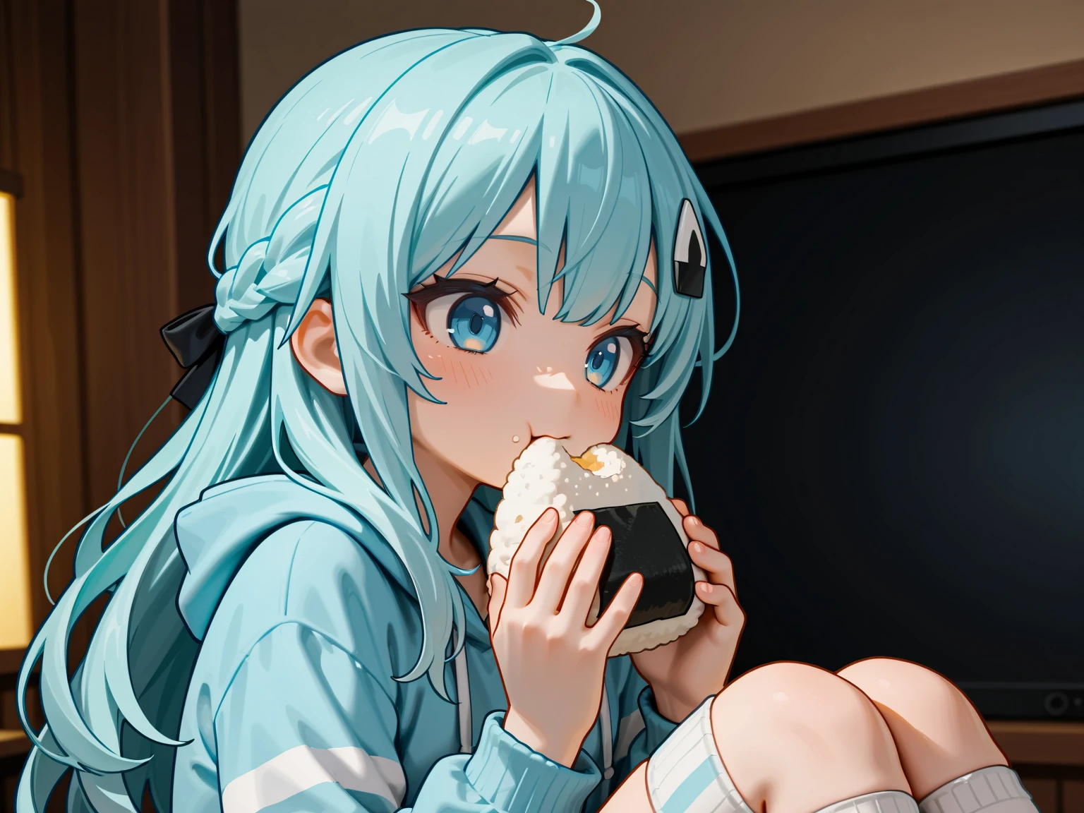 (sfw, masterpiece, best quality:1.2),(solo),１girl:0.7\(french braid hair, light blue hair, long hair, fluffy hair, white skin, closed big eyes, blue eyes, no nose, small mouth, clothes\(light blue hoodie, white short pants, stripe light gray and white stripes knee high socks\), (Hair accessories\🍙\Onigiri\Japanese rice ball), ((eating a big 🍙\Onigiri\Japanese rice ball)), background\many 🍙, cute illustration, hand draw:1.5