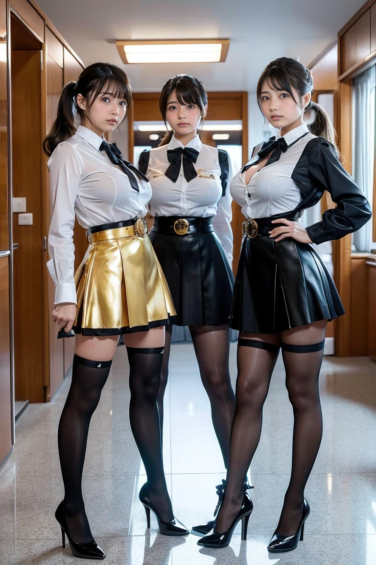 (((masterpiece, highest quality, High resolution, 超High resolution, Perfect Pixel, Depth of written boundary, 4K, RTTX 10.0, High resolution))), (Four adult women:1.3), Beautiful Anime Woman, Beautiful art style, Anime characters, ((Long Hair, bangs, Dark brown hair, Various hairstyles, ponytail, Twin tails, Bobcut)), ((Beautiful eyelashes)), ((Detailed face, blushする:1.2)), All four have different faces, ((Smooth texture, Realistic texture, Anime CG Style)), Perfect body, (Slender body:1.2), Beautiful and big breasts, Exact finger count、Exact number of legs、Exact number of arms, (blush:1), (The four women stood side by side, lifting their skirts to greet the crowd.:1.2), (Office Lady Clothes, business suit, Fashionable white shirt, (garter belt:1.2), (Black knee socks:1.4), High heels, mini skirt:1.4), Realistic, highest quality, High resolution, 非常にDetailed face, Perfect lighting, Extremely detailed CG, (Perfect hands, Perfect Anatomy), Embarrassed expression, (Office corridor, Many business people in the background:1.3), Morning sun-like lighting, whole body, ((Stylish and sexy shiny satin panties, Stylish lace side-tie panties, All different color panties, White panties, Dark pink panties, Dark Blue Panties, Light blue panties:1.2)), Angle from the front、(Beautiful and thin thighs:1.2), All about the same height, Feeling embarrassed