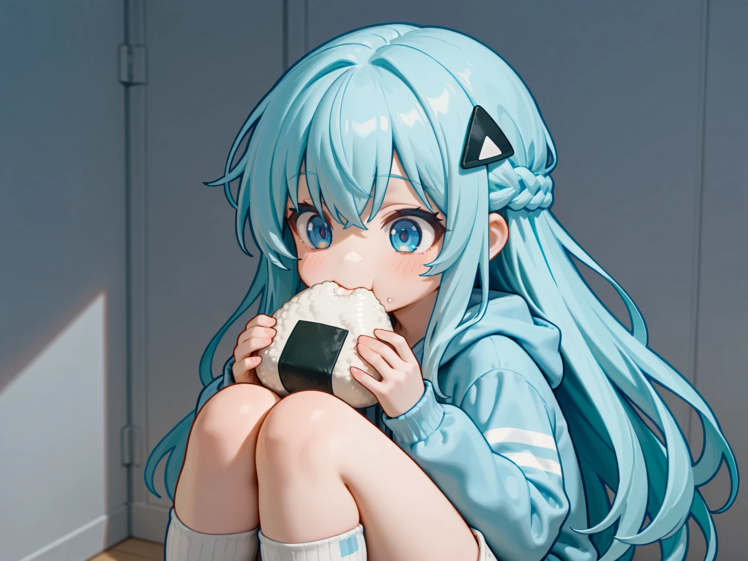 (sfw, masterpiece, best quality:1.2),(solo),１girl:0.7\(french braid hair, light blue hair, long hair, fluffy hair, white skin, closed big eyes, blue eyes, no nose, small mouth, clothes\(light blue hoodie, white short pants, stripe light gray and white stripes knee high socks\), (Hair accessories\🍙\Onigiri\Japanese rice ball), ((eating a big 🍙\Onigiri\Japanese rice ball)), background\many 🍙, cute illustration, hand draw:1.5