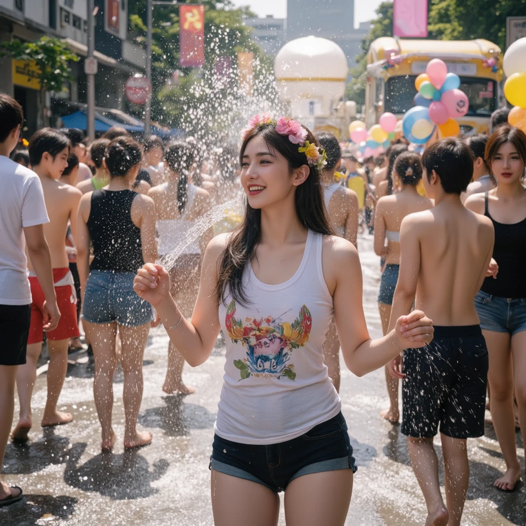 (best quality, 4K, masterpiece :1.3), pretty Woman, 1 girl, (breast, attractive body :1.2), show breasts, show nipple, abdominal muscles :1.1, glasses, light brown hair: 1.1, (wet from water splash, wet by water splash , wet :1.2), Super detailed face, Detailed lips, delicate eyes, double eyelids，white shirt, full body, on the street. Splash water, Young children join the festivities, their colorful water guns ready. Background is young ladies couples laugh as they splash water on each other, on Sonkarn festival