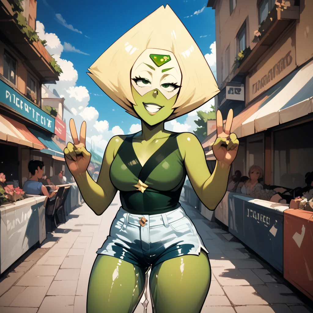 masterpiece, 1girl, peridot, peridot - steven universe, inflatable body, inflatable hair, shiny skin, shiny hair, rubber hair, latex hair, latex skin, rubber skin, dollification, squatting, blank white background, whole character in view, 3d render, blender style, sfm, source film maker, facing viewer, looking at viewer, bimbo