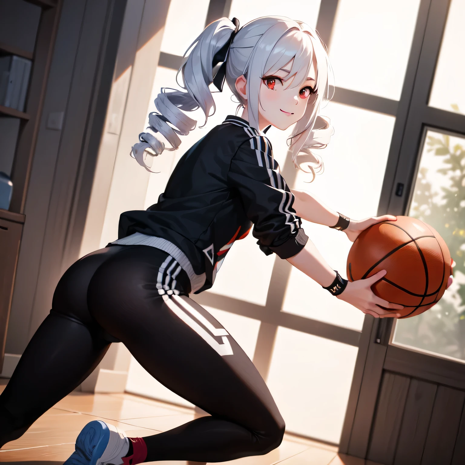 A young female basketball player executes a dynamic jump shot with precision and grace. She holds the basketball firmly in both hands, her form exuding confidence and skill. Her slim-fit uniform highlights her athletic build, while black high socks and matching sneakers create a sleek, modern look. Her neatly braided black hair arcs through the air as she leaps, her intense black eyes fixed on the goal. The polished wooden floor of the brightly lit gymnasium reflects the action, emphasizing the energy and competitive spirit of the moment.A 20-year-old woman smiles gently, friendly. (RAW photos, top quality), (realistic, photo-realistic:1.4), masterpiece, extremely delicate and beautiful, highly detailed, 2k wallpaper, ultra-detailed CG unity 8k wallpaper, ultra detail, high res, soft light, beautifully detailed girl looking back, extremely detailed eyes and face, beautifully detailed nose, cinematic lighting, perfect anatomy, slender body.(Drill Hair: 1.5), White Hair, Long Hair, Pale Skin, (Red Eyes: 1.5), Twin Drills.