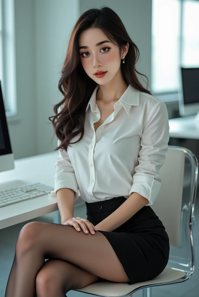 ulzzang-6500-v1.1, (RAW photo:1.2), (Photoreal), (See-through:1.3), (muste piece), (genuine:1.4), 1with a girl、26 years old、game_ticker, オーシャンブルーのeye(eye), smile of shame、blonde semi-long hair、curly hair、european girl、(Elegant silk blouse:1.3), (super realistic pantyhose:1.2), (flare skirt:1.2), sitting in the office and working at the desk、realistic skin texture、shiny skin、exposed thighs!!! , Makeup、
