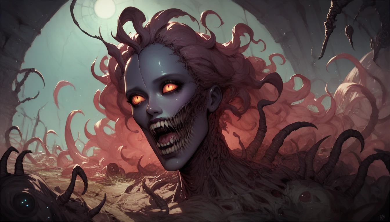 best quality,masterpiece,(:1.5),A female biological monster,Have breasts,The head looks like a huge tumor,Loss of property management,Biochemical zombies,resident Evil,,徽章reference《Van Helsing》,reference《resident Evil》(Amy Saul:0.248),(Stanley Ategg Liu:0.106),(a detailed :0.353),(Renaissance classical style:0.8)