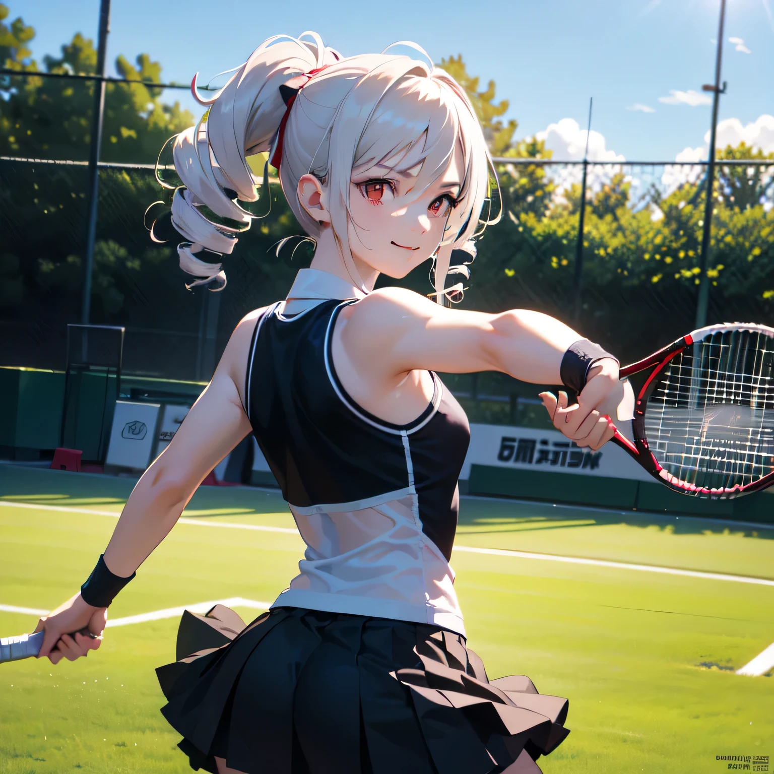 A young female tennis player in a sleek blue outfit stands ready, gripping her racket with both hands in a poised stance. Sunlight accentuates the crisp lines of her attire and the polished strings of the racket. Her determined gaze locks onto an unseen opponent, exuding confidence and focus. The lush green grass of the tennis court stretches into the distance under a clear blue sky. This dynamic scene blends elegance, power, and athleticism, capturing her readiness to strike with precision and grace.A 20-year-old woman smiles gently, friendly. (RAW photos, top quality), (realistic, photo-realistic:1.4), masterpiece, extremely delicate and beautiful, highly detailed, 2k wallpaper, ultra-detailed CG unity 8k wallpaper, ultra detail, high res, soft light, beautifully detailed girl looking back, extremely detailed eyes and face, beautifully detailed nose, cinematic lighting, perfect anatomy, slender body. (Drill Hair: 1.5), White Hair, Long Hair, Pale Skin, (Red Eyes: 1.5), Twin Drills.