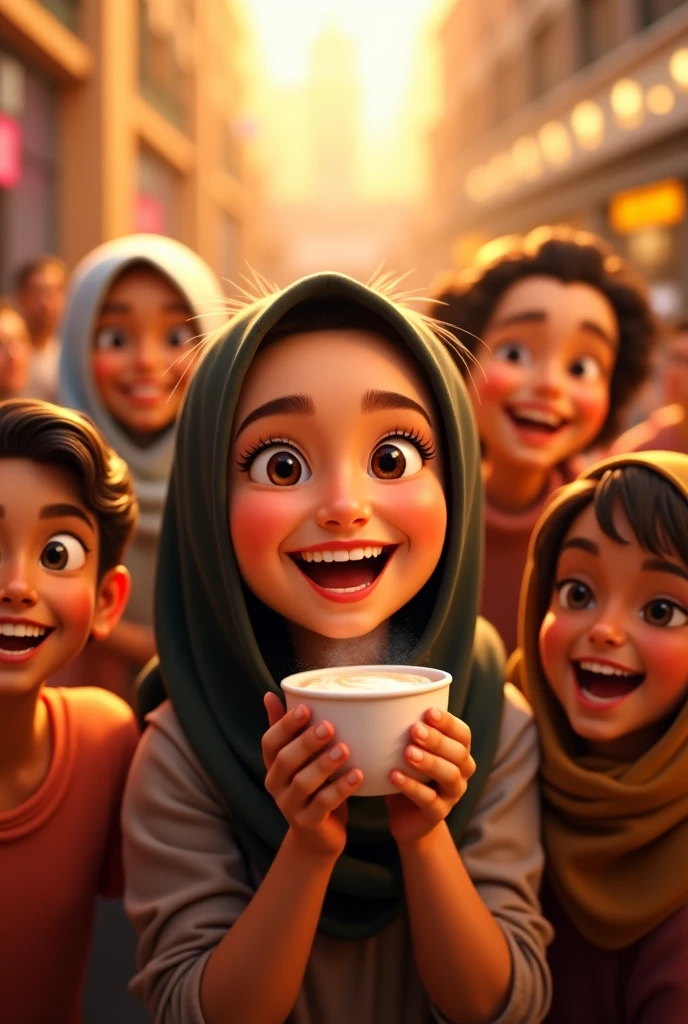 ((3 man sitting) and (3 hijabbed woman)), caricaturized, cute face, casual fashion, fantasy art, happy expression, extreme detail, masterpiece, cinematic lighting, 4k, indoor background
