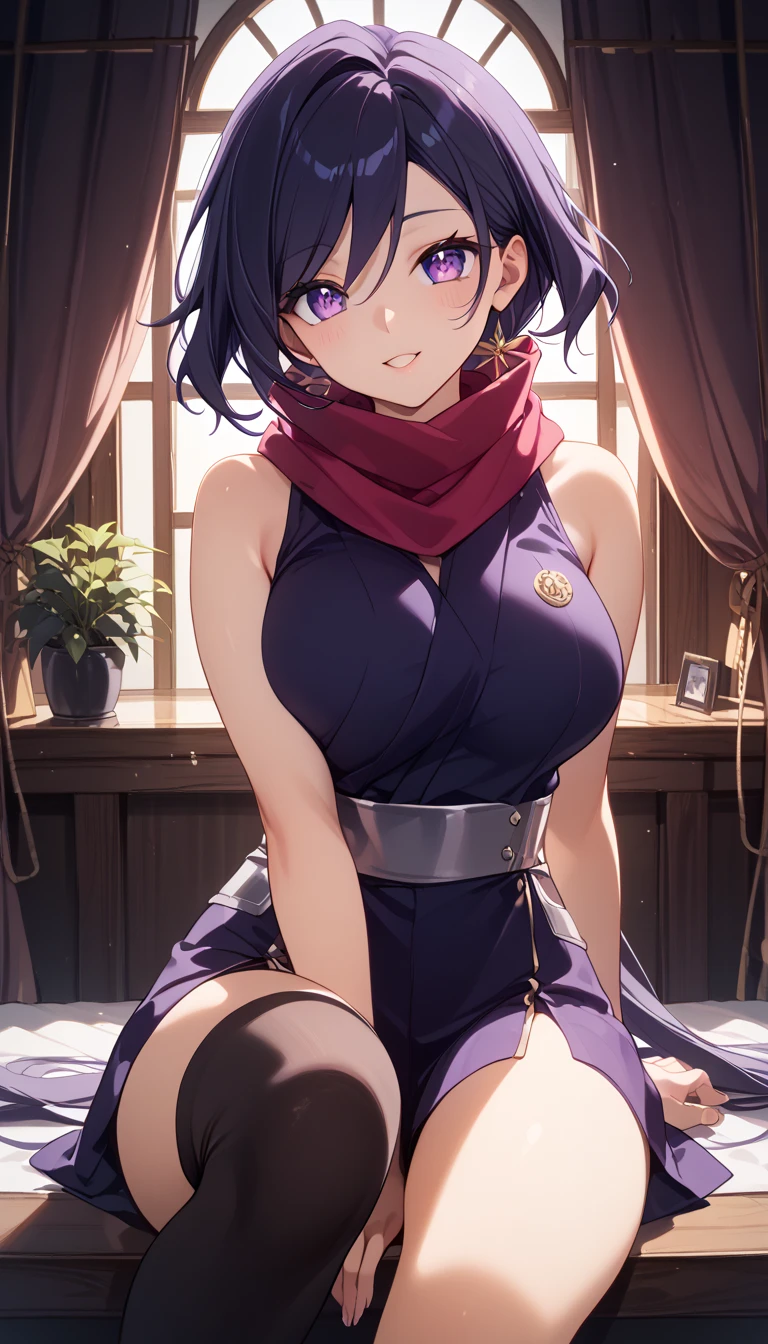 best quality, masterpiece, (leaning over:1.4),
1girl, yuzuriha_(jigokuraku), purple hair, brown eyes, ninja, open clothes, cleavage, small breasts, topknot, medium hair, breasts apart, seductive smile, pants, undressing, (blush:1.1), japanese exterior, temple, (Extremely detailed CG unified 8k wallpaper, masterpiece, best quality, Super detailed), (best lighting, best shadow, extremely delicate and beautiful), A cool, Dynamic, and original young girl characters (Dynamic pose) and silver (pixie cut hair: 1.3) Reflects light beautifully