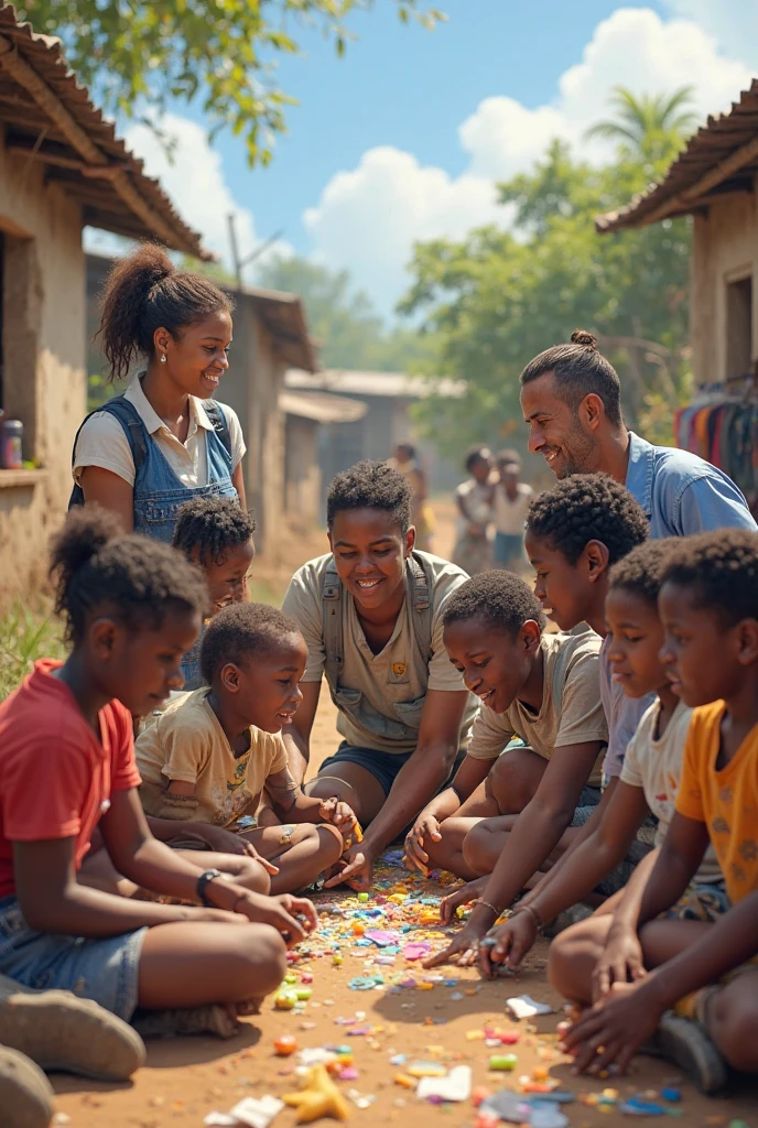 Under a blue sky,There is a table,On the close-up table is a South African tangerine,The vista is surrounded by orange trees,In the middle view, a pair of children play under a tangerine tree