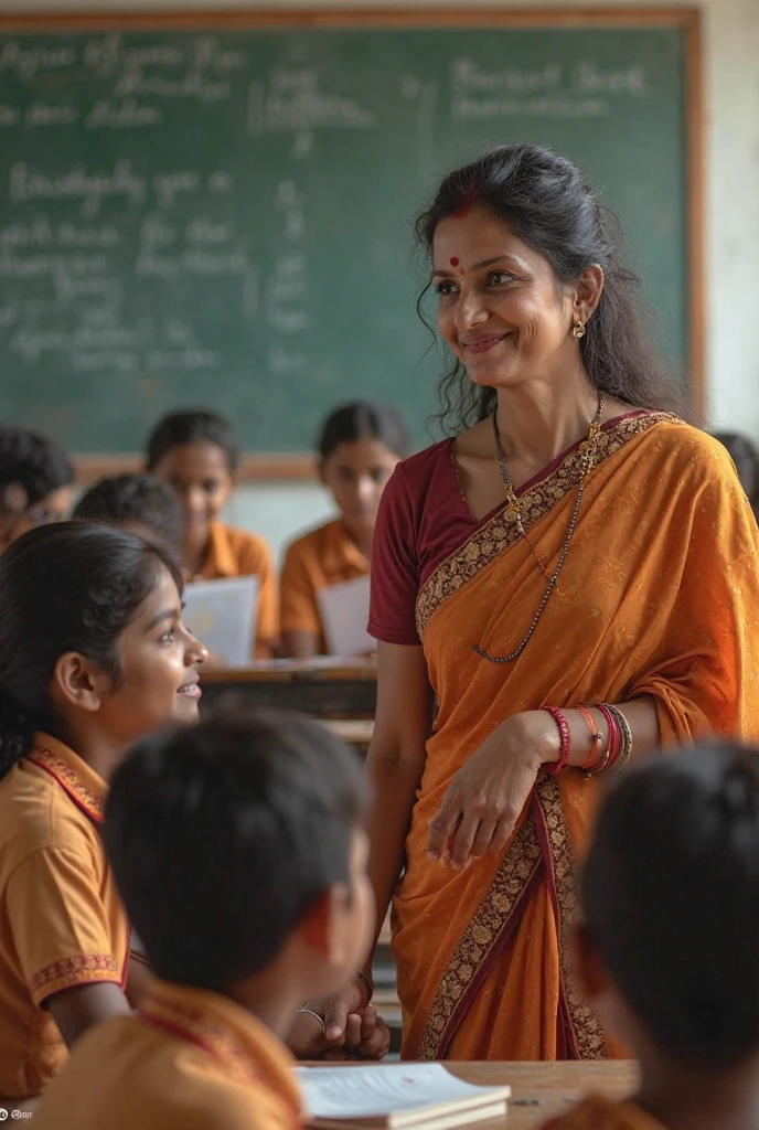 earpulling female Teacher saree