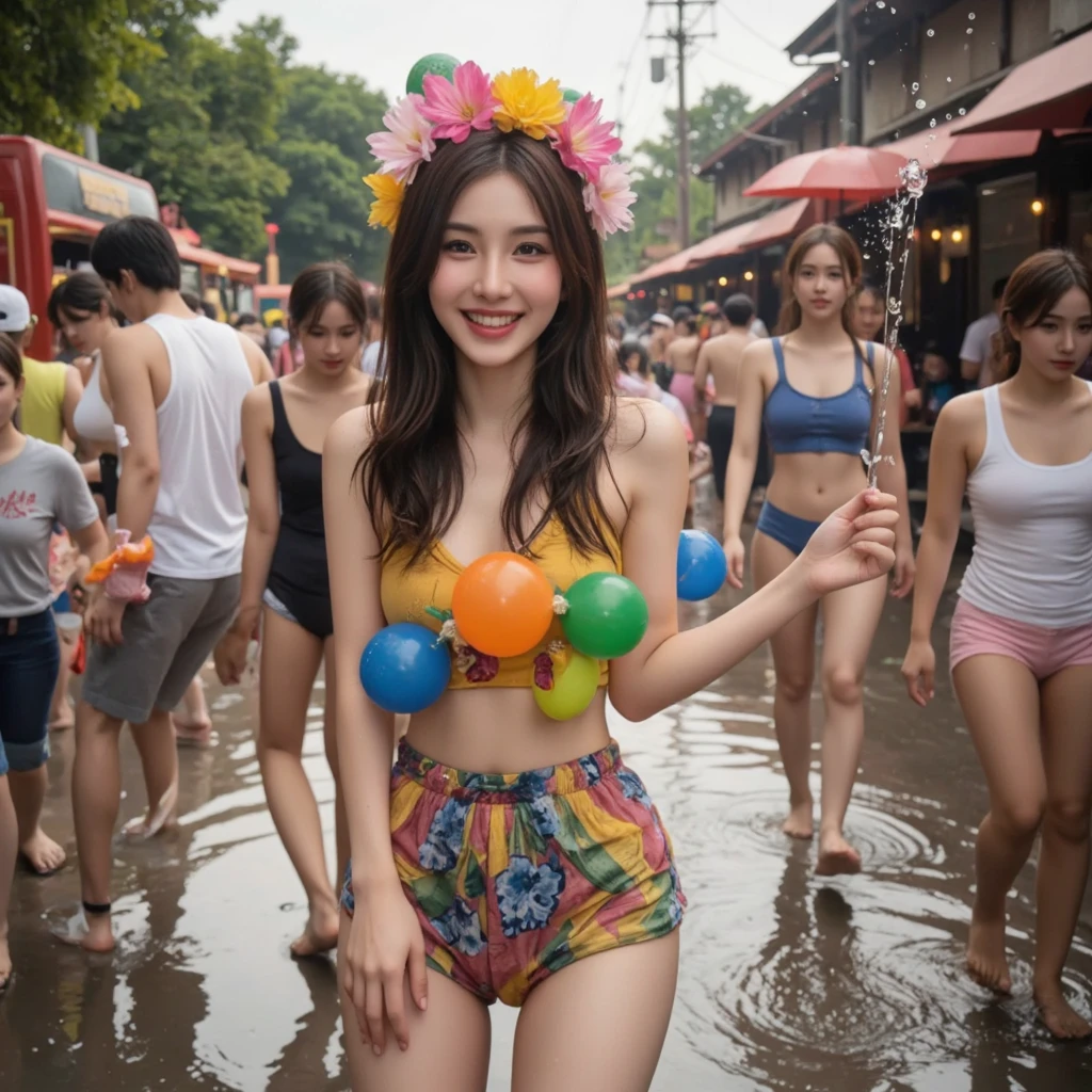 (best quality:1.2), masterpiece, Realistic, Ultra-high resolution, ((a beautiful Japanese idol 12 years old woman:1.2)), (Gaunt:1.3), (((Very flat chest:1.4))), ((Baby Face)), (show me your armpit:1.2), (sweaty armpit:1.3), ((Armpits are wet and shiny with sweat)), She has skin that sweats easily Soaking wet, Sweaty, I can see my pores, (topless:1.2), (wearing samba costumes:1.2), (dancing parade:1.3), (energetic music:1.2), (confetti-filled streets, lively atmosphere:1.2), (decorative floats:1.1), (bustling market stalls:1.2), (delicious street food:1.1)